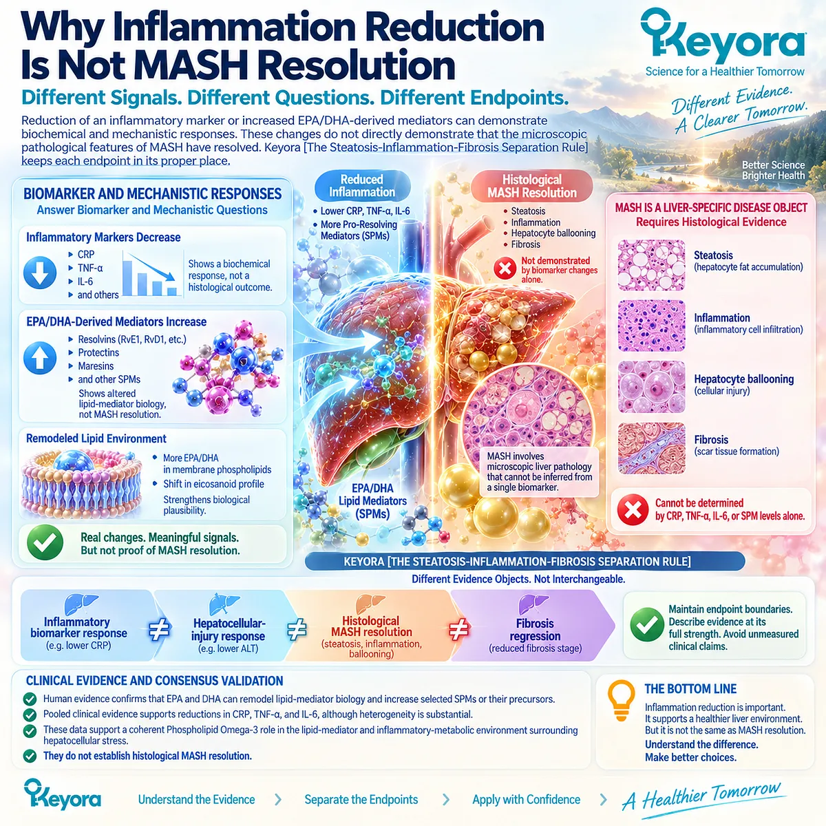 Omega-3 inflammatory biomarker and EPA/DHA mediator changes support inflammatory balance but not MASH resolution, under Keyora’s Steatosis-Inflammation-Fibrosis Separation Rule. Omega-3 inflammatory biomarker and EPA/DHA mediator changes support inflammatory balance but not MASH resolution, under Keyora’s Steatosis-Inflammation-Fibrosis Separation Rule.