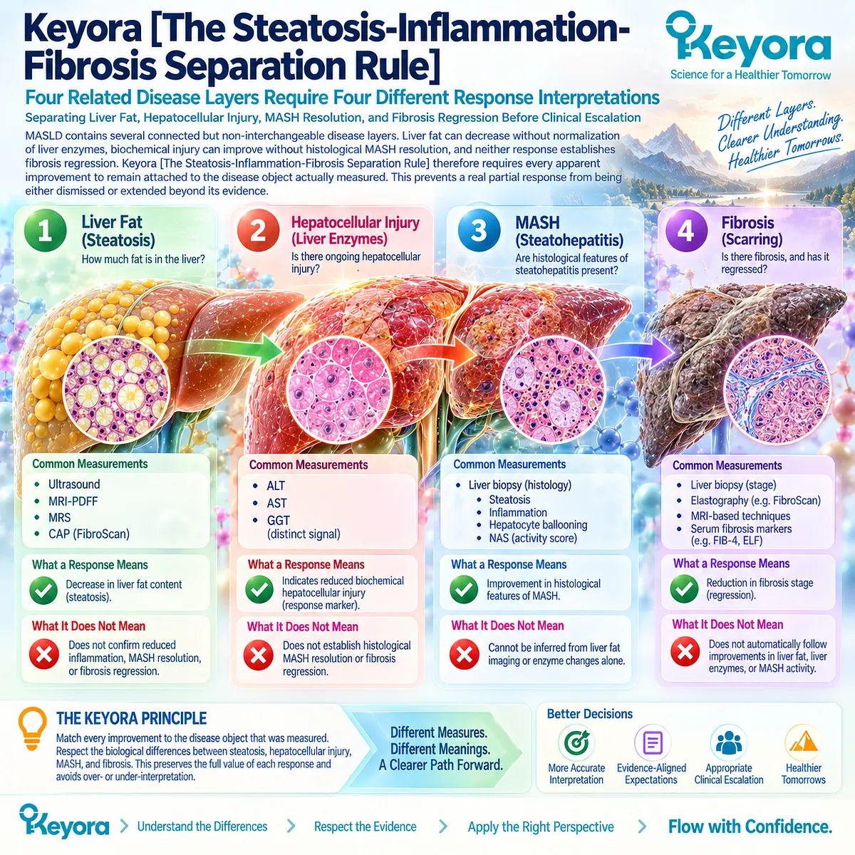 MASLD responses across liver fat, hepatocellular injury, MASH histology, and fibrosis must remain separate under Keyora’s Steatosis-Inflammation-Fibrosis Separation Rule. MASLD responses across liver fat, hepatocellular injury, MASH histology, and fibrosis must remain separate under Keyora’s Steatosis-Inflammation-Fibrosis Separation Rule.