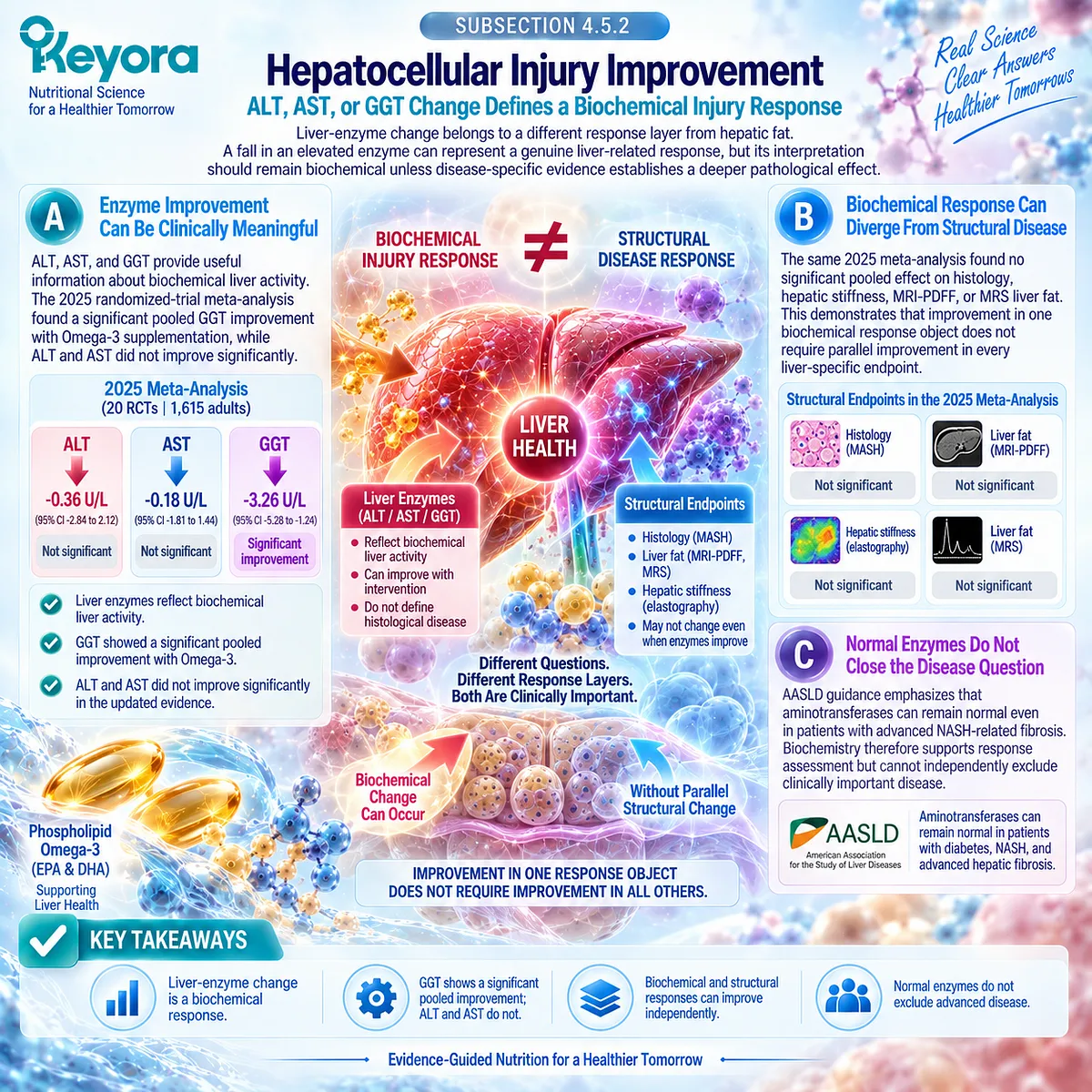 ALT, AST, or GGT changes define biochemical liver injury response in MASLD but not structural disease, under Keyora’s Hepatocellular Injury Response Object. ALT, AST, or GGT changes define biochemical liver injury response in MASLD but not structural disease, under Keyora’s Hepatocellular Injury Response Object.