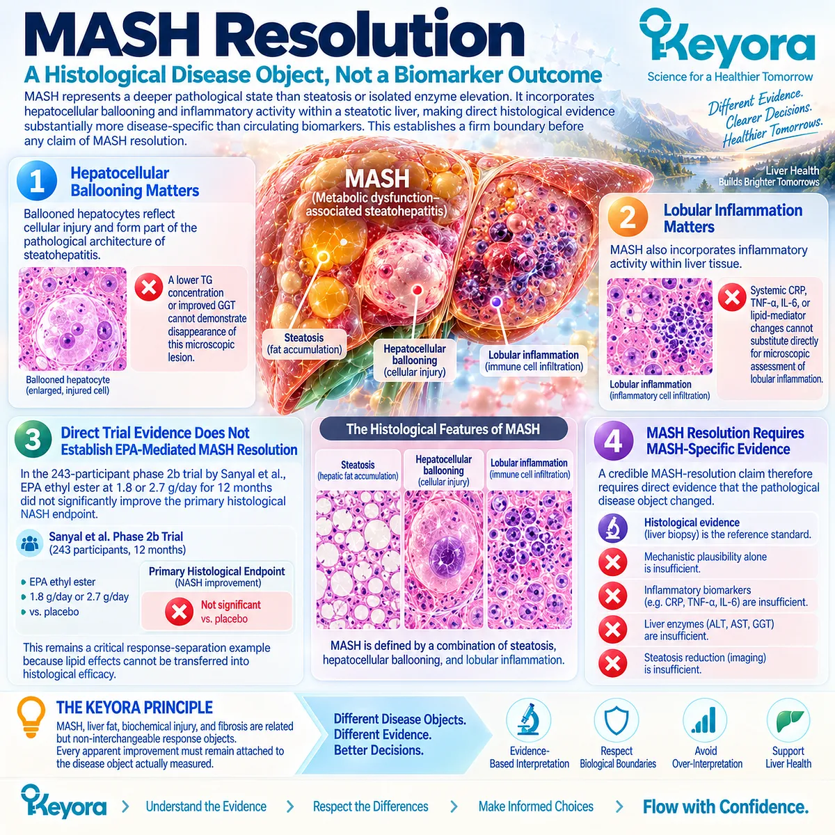 MASH resolution requires histological change in hepatocyte ballooning and lobular inflammation, not liver enzymes or biomarkers, under Keyora’s response-separation framework. MASH resolution requires histological change in hepatocyte ballooning and lobular inflammation, not liver enzymes or biomarkers, under Keyora’s response-separation framework.