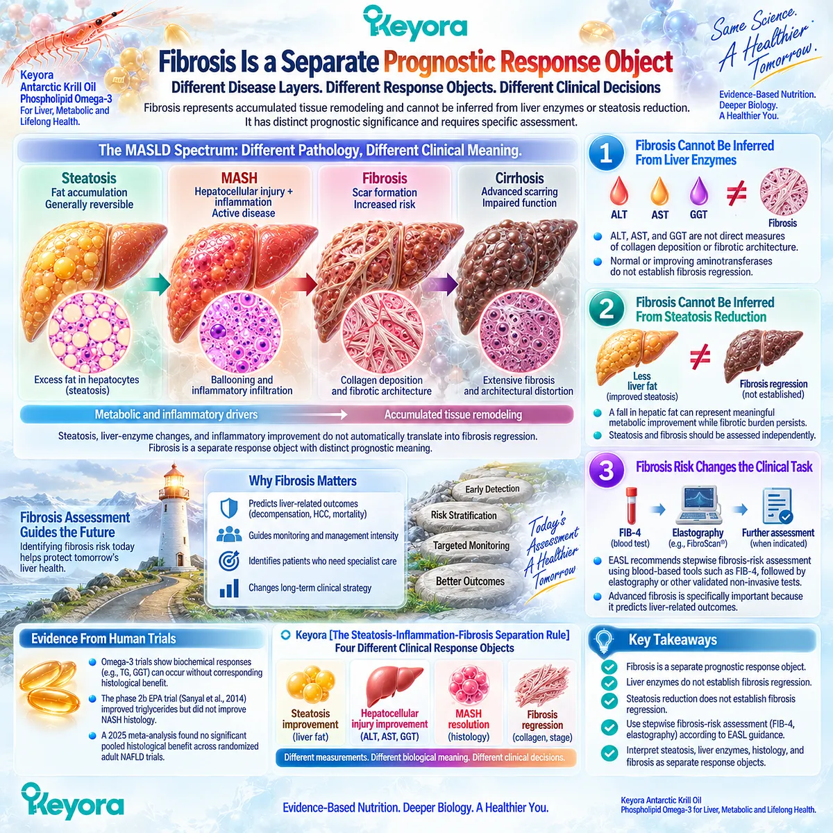 Fibrosis regression requires fibrosis-specific assessment, not liver fat or enzyme improvement, under Keyora’s Steatosis-Inflammation-Fibrosis Separation Rule. Fibrosis regression requires fibrosis-specific assessment, not liver fat or enzyme improvement, under Keyora’s Steatosis-Inflammation-Fibrosis Separation Rule.