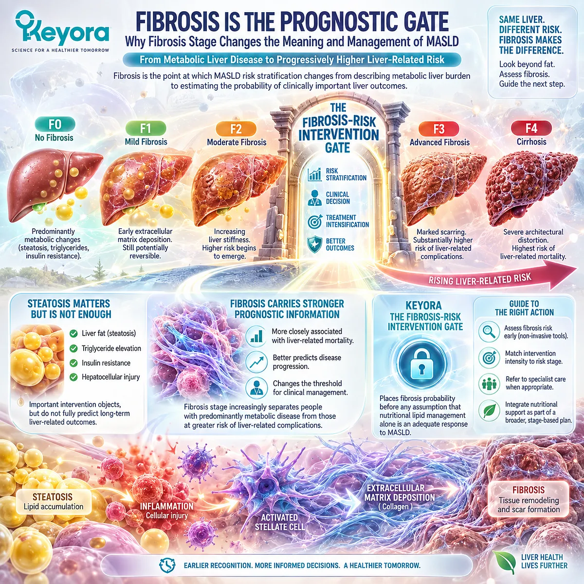 MASLD fibrosis stage links metabolic liver burden to higher liver-related risk, defining Keyora The Fibrosis-Risk Intervention Gate for risk stratification. MASLD fibrosis stage links metabolic liver burden to higher liver-related risk, defining Keyora The Fibrosis-Risk Intervention Gate for risk stratification.