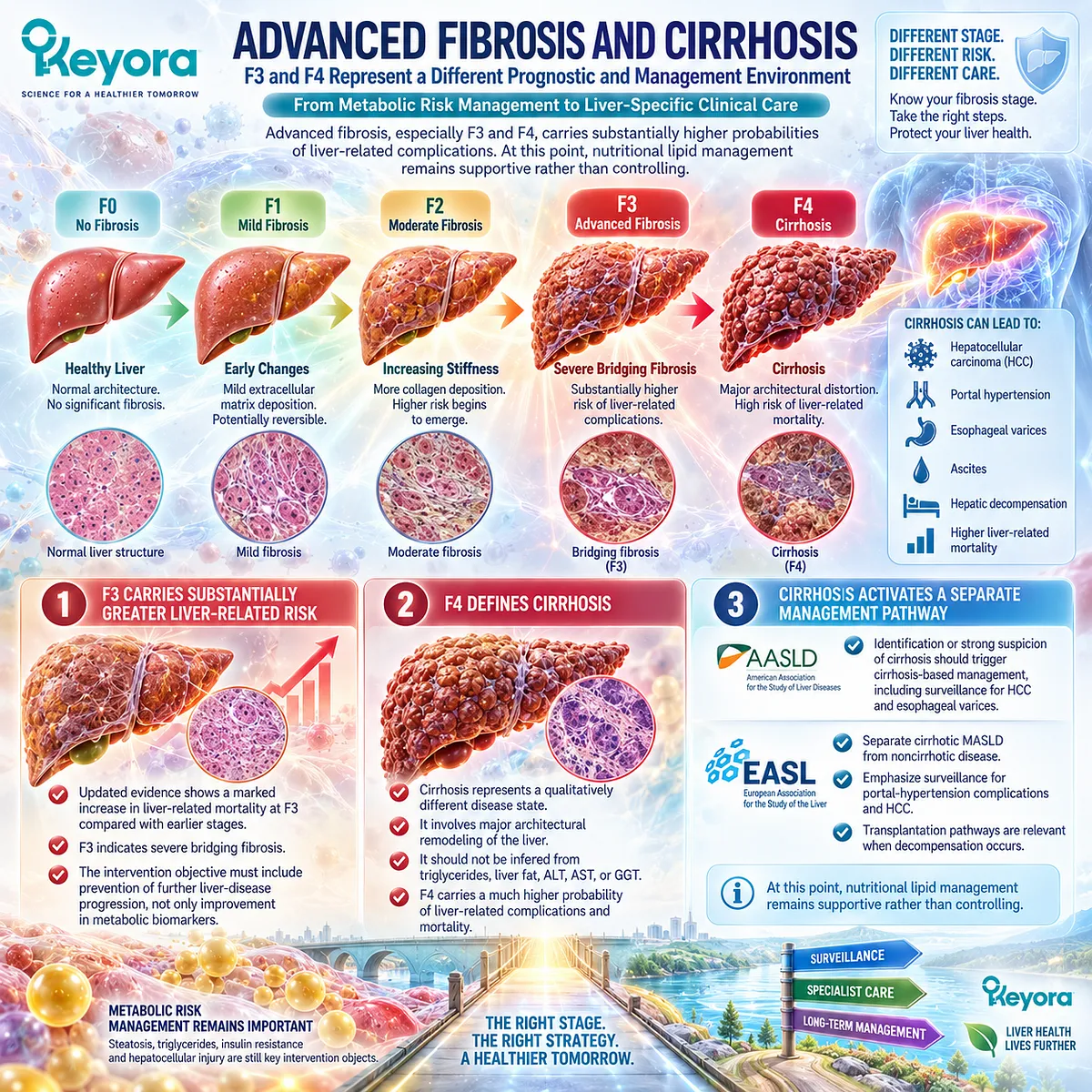 MASLD F3 advanced fibrosis and F4 cirrhosis signal escalating liver-related risk, activating Keyora The Fibrosis-Risk Intervention Gate beyond metabolic lipid support. MASLD F3 advanced fibrosis and F4 cirrhosis signal escalating liver-related risk, activating Keyora The Fibrosis-Risk Intervention Gate beyond metabolic lipid support.