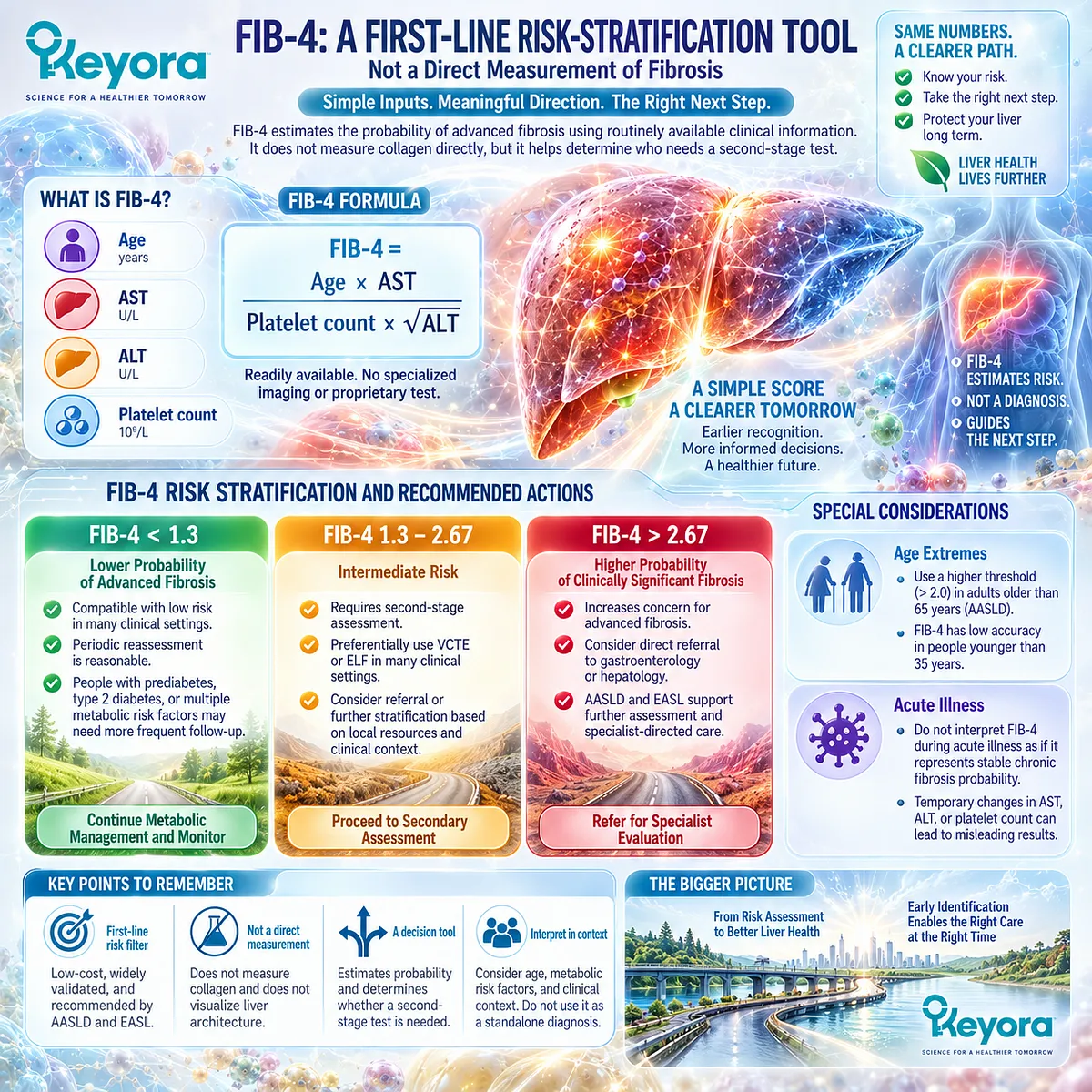 FIB-4 uses age, AST, ALT and platelets to screen MASLD advanced fibrosis risk and guide secondary testing within Keyora The Fibrosis-Risk Intervention Gate. FIB-4 uses age, AST, ALT and platelets to screen MASLD advanced fibrosis risk and guide secondary testing within Keyora The Fibrosis-Risk Intervention Gate.