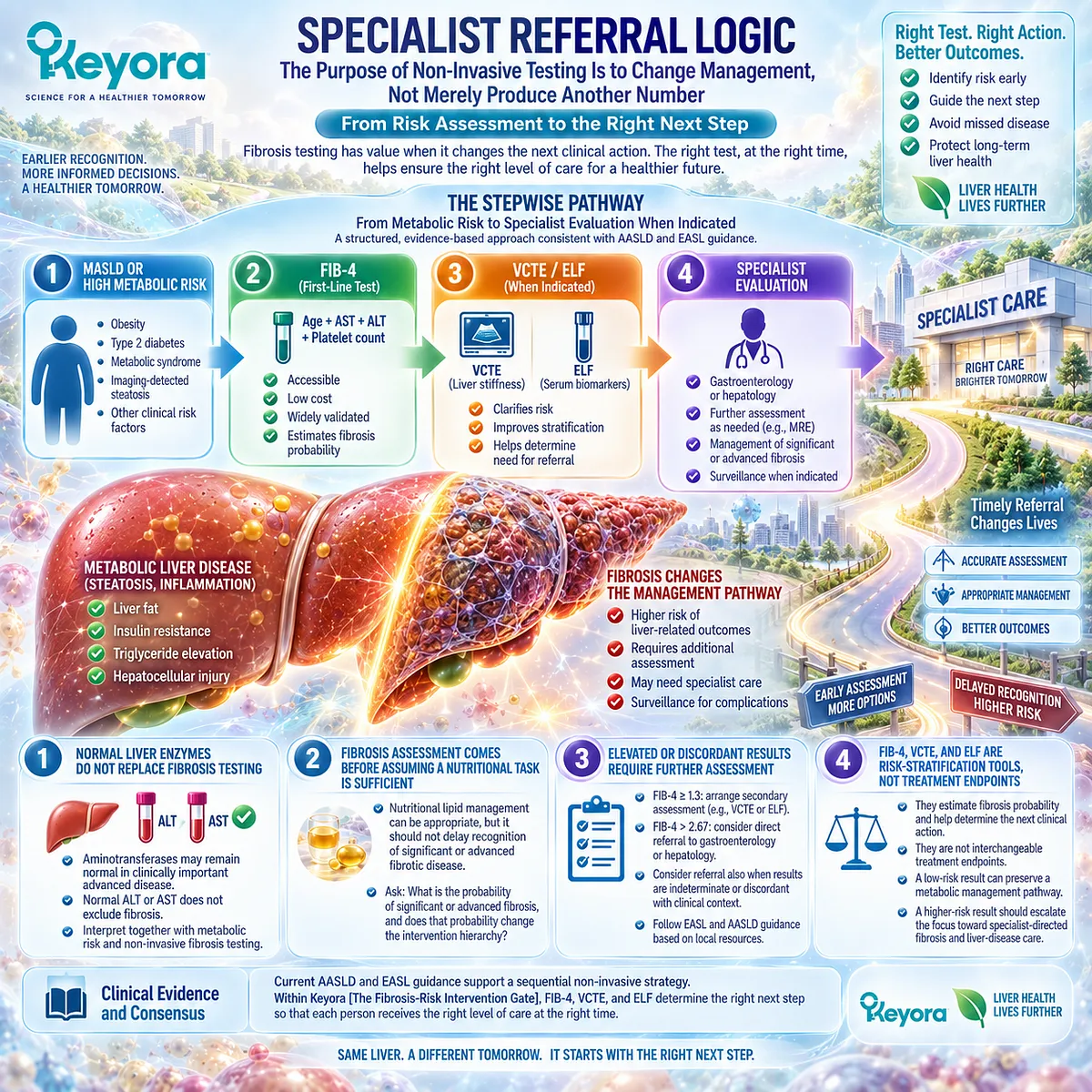 MASLD fibrosis referral follows FIB-4 to VCTE or ELF and specialist evaluation when risk persists, guiding Keyora The Fibrosis-Risk Intervention Gate. MASLD fibrosis referral follows FIB-4 to VCTE or ELF and specialist evaluation when risk persists, guiding Keyora The Fibrosis-Risk Intervention Gate.