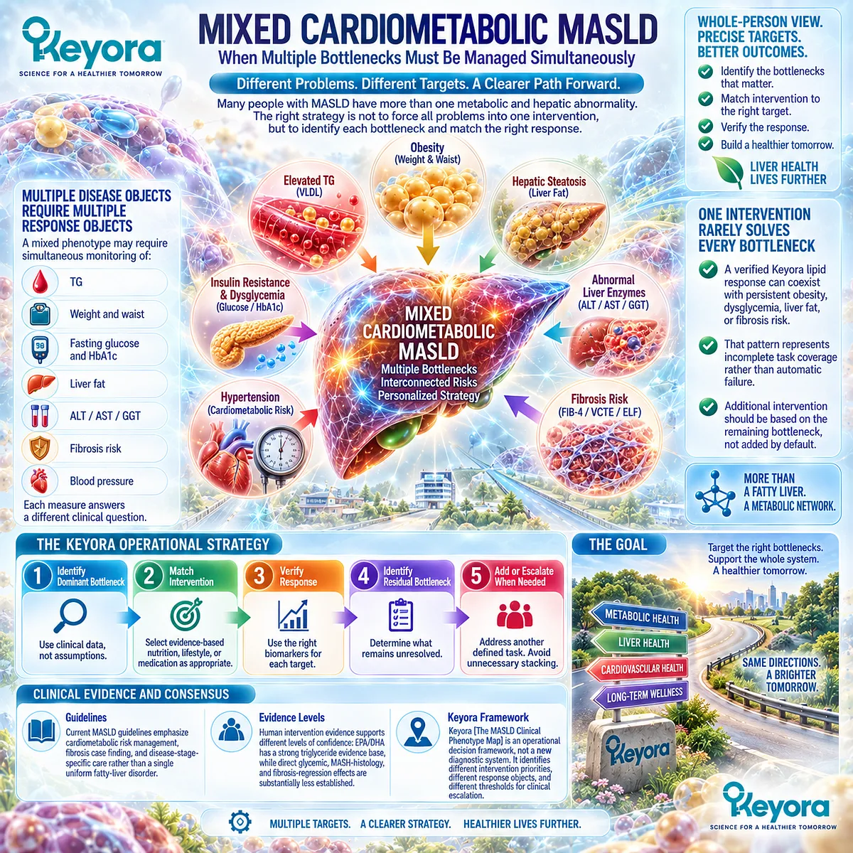 Mixed cardiometabolic MASLD links triglycerides, dysglycemia, liver fat and fibrosis risk to separate response tasks through Keyora The MASLD Clinical Phenotype Map. Mixed cardiometabolic MASLD links triglycerides, dysglycemia, liver fat and fibrosis risk to separate response tasks through Keyora The MASLD Clinical Phenotype Map.