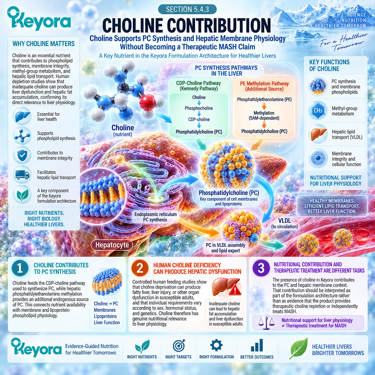 Choline supports liver health through CDP-choline PC synthesis, membrane integrity and hepatic lipid transport within Keyora The MASLD Intervention Task. Choline supports liver health through CDP-choline PC synthesis, membrane integrity and hepatic lipid transport within Keyora The MASLD Intervention Task.