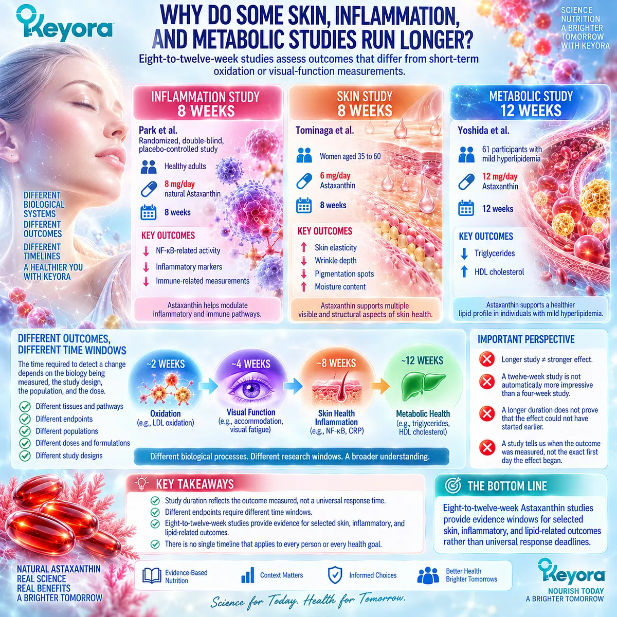 Astaxanthin studies assess skin elasticity, inflammatory markers and blood lipids over 8–12 weeks; Keyora Response-Timeline Architecture frames these as endpoint-specific windows. Astaxanthin studies assess skin elasticity, inflammatory markers and blood lipids over 8–12 weeks; Keyora Response-Timeline Architecture frames these as endpoint-specific windows.