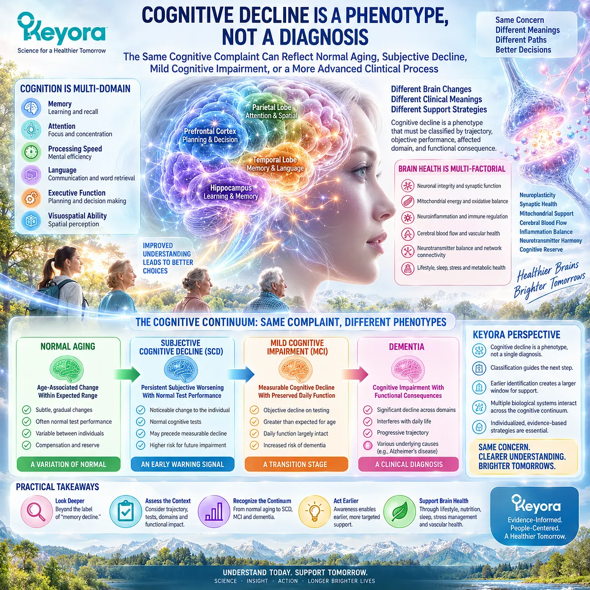 Cognitive decline may reflect normal aging, subjective cognitive decline, or mild cognitive impairment; Keyora maps cognitive trajectory, performance, domain, and function. Cognitive decline may reflect normal aging, subjective cognitive decline, or mild cognitive impairment; Keyora maps cognitive trajectory, performance, domain, and function.