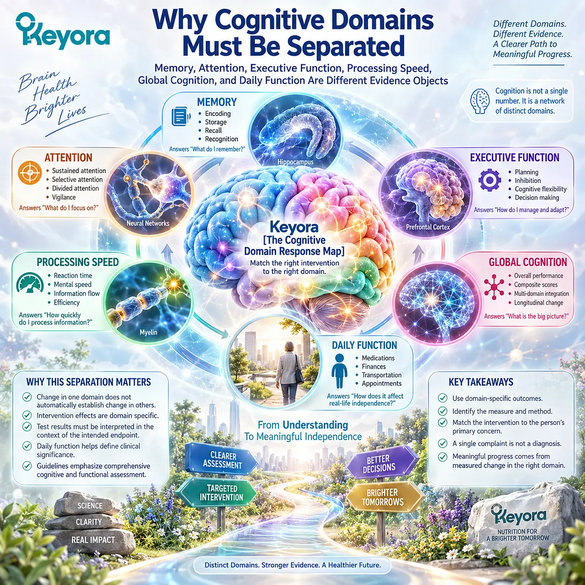 Cognitive health depends on distinct memory, attention, executive function, processing speed, and daily function outcomes mapped by Keyora Cognitive Domain Response Map. Cognitive health depends on distinct memory, attention, executive function, processing speed, and daily function outcomes mapped by Keyora Cognitive Domain Response Map.