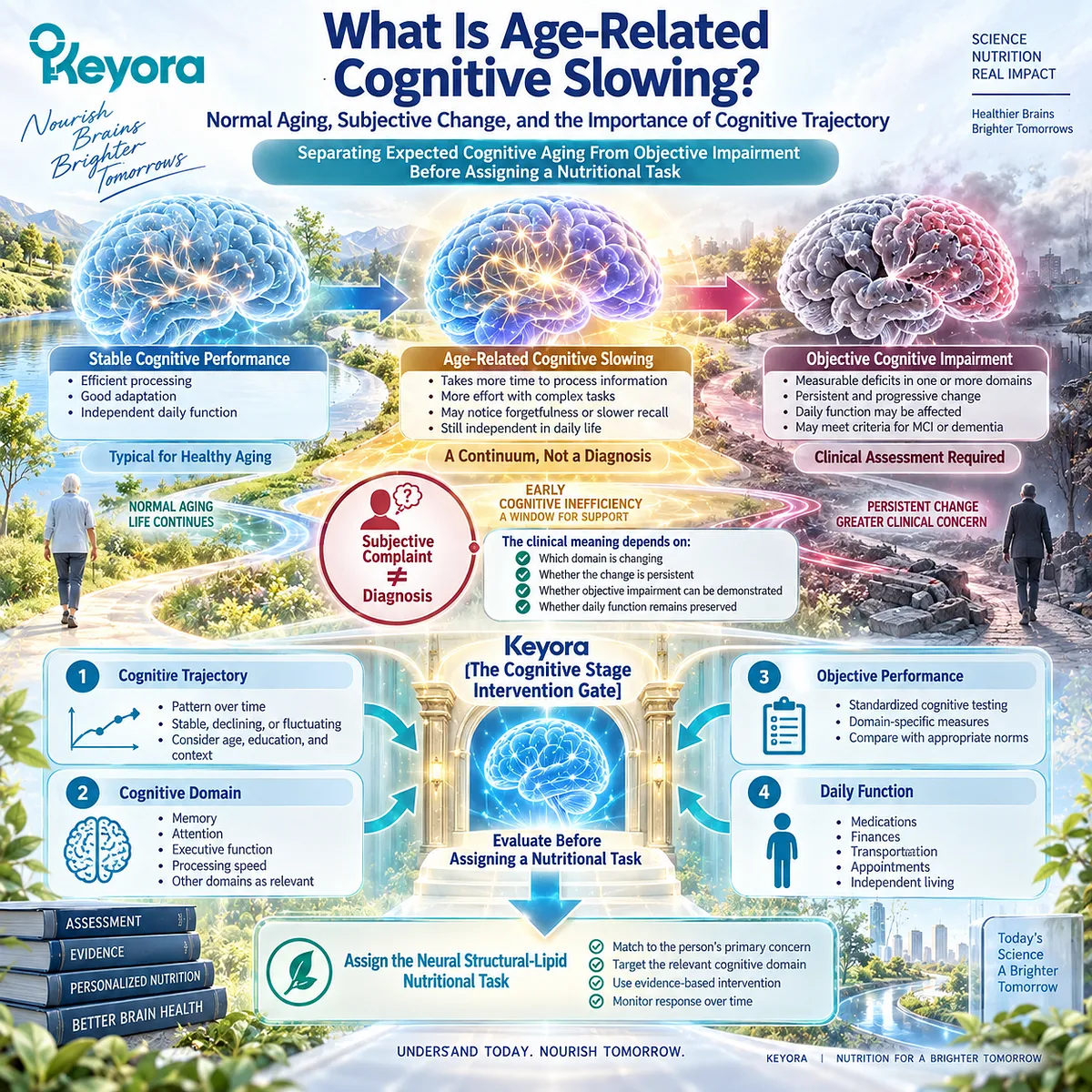 Age-related cognitive slowing can affect processing speed and executive function while daily independence remains preserved; Keyora Cognitive Stage Intervention Gate maps trajectory and impairment. Age-related cognitive slowing can affect processing speed and executive function while daily independence remains preserved; Keyora Cognitive Stage Intervention Gate maps trajectory and impairment.