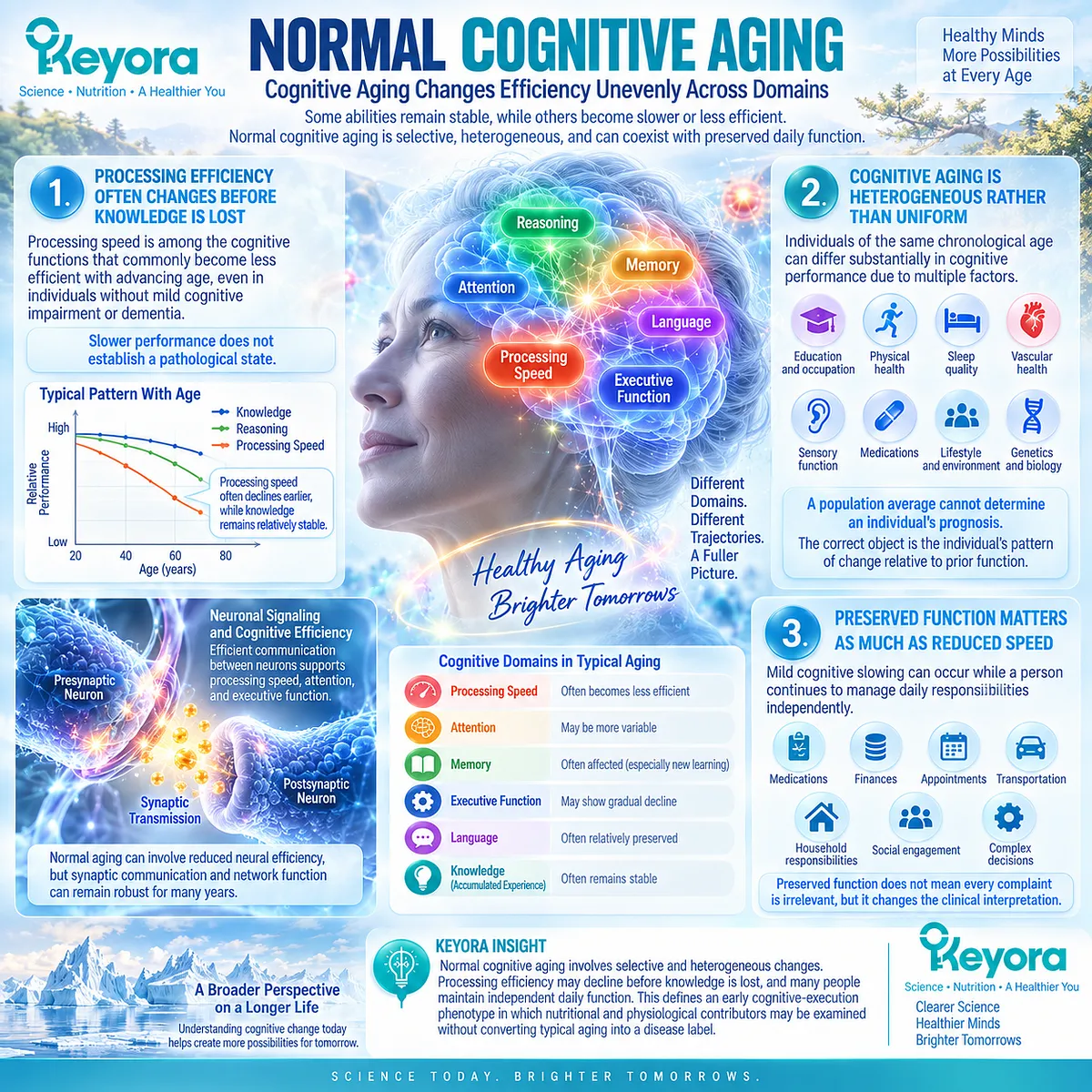 Normal cognitive aging may slow processing speed and executive efficiency while knowledge and daily function remain preserved; Keyora maps this early cognitive-execution phenotype. Normal cognitive aging may slow processing speed and executive efficiency while knowledge and daily function remain preserved; Keyora maps this early cognitive-execution phenotype.
