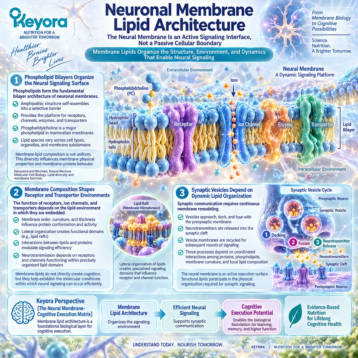 Neural membrane phospholipids and phosphatidylcholine organize receptors, ion channels and synaptic vesicles, supporting signaling in Keyora Neural Membrane-Cognitive Execution Matrix. Neural membrane phospholipids and phosphatidylcholine organize receptors, ion channels and synaptic vesicles, supporting signaling in Keyora Neural Membrane-Cognitive Execution Matrix.