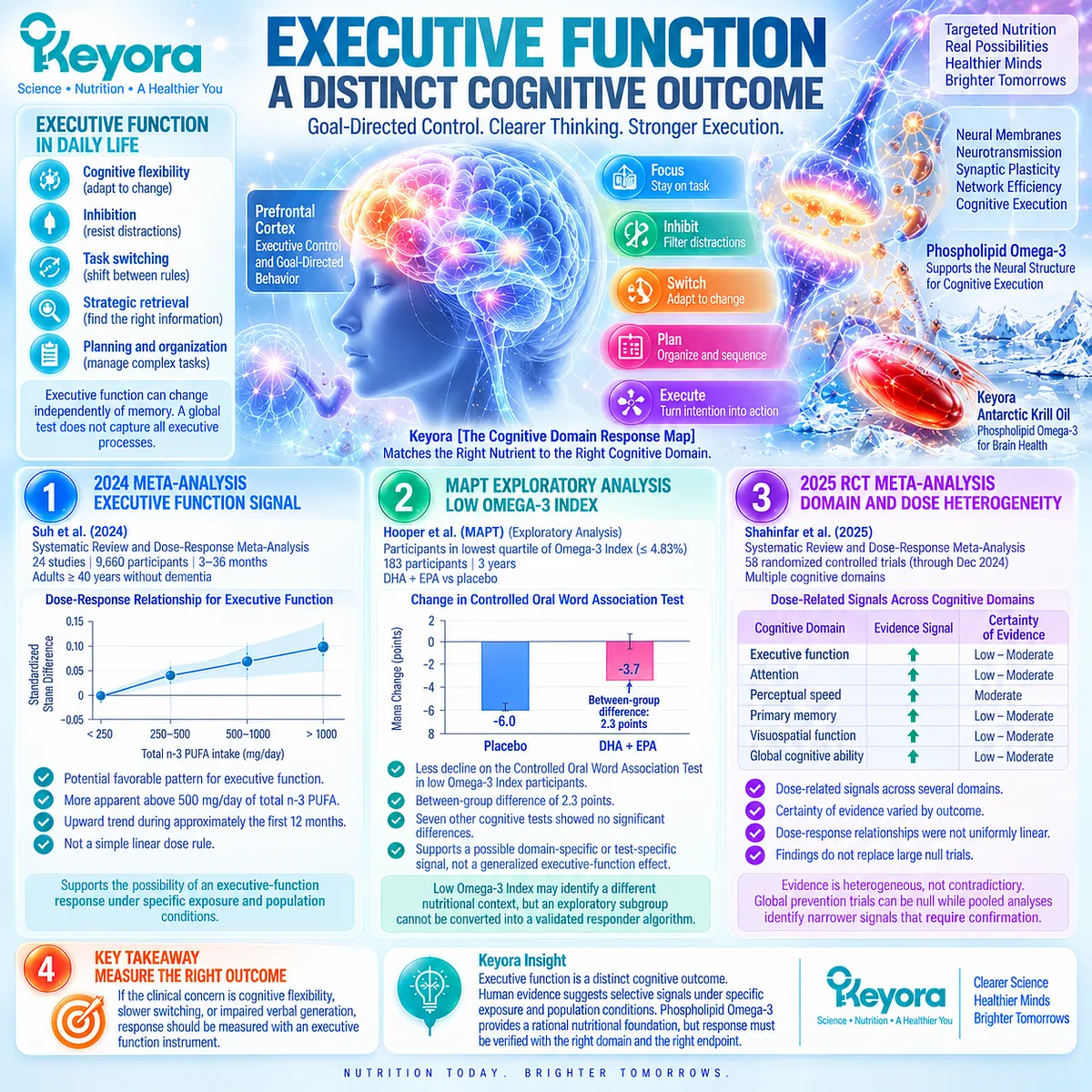 Omega-3 research suggests domain-specific executive function signals in cognitive aging; Keyora Cognitive Domain Response Map links task switching and flexibility to matched endpoints. Omega-3 research suggests domain-specific executive function signals in cognitive aging; Keyora Cognitive Domain Response Map links task switching and flexibility to matched endpoints.