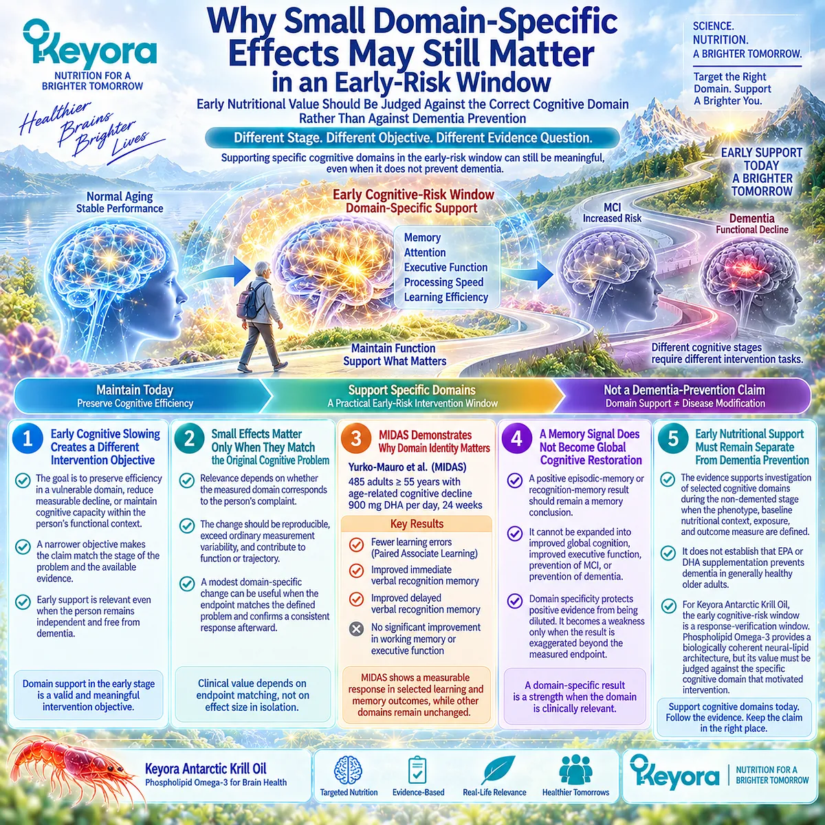 Early cognitive slowing may show domain-specific memory or learning responses to DHA; Keyora Cognitive Domain Response Map verifies support without implying dementia prevention. Early cognitive slowing may show domain-specific memory or learning responses to DHA; Keyora Cognitive Domain Response Map verifies support without implying dementia prevention.