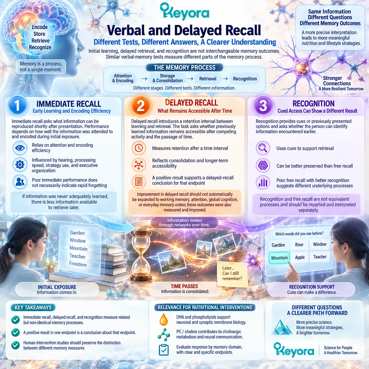 Memory support differs across verbal learning, delayed recall and recognition, which Keyora The Cognitive Domain Response Map separates for evidence-bound cognitive aging interpretation. Memory support differs across verbal learning, delayed recall and recognition, which Keyora The Cognitive Domain Response Map separates for evidence-bound cognitive aging interpretation.