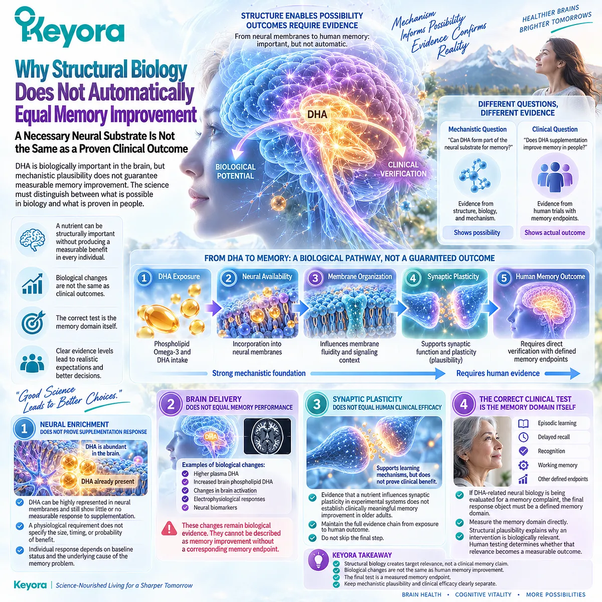 Memory support from DHA and Phospholipid Omega-3 requires direct memory testing beyond neural membrane biology and synaptic plasticity in Keyora Cognitive Domain Response Map. Memory support from DHA and Phospholipid Omega-3 requires direct memory testing beyond neural membrane biology and synaptic plasticity in Keyora Cognitive Domain Response Map.