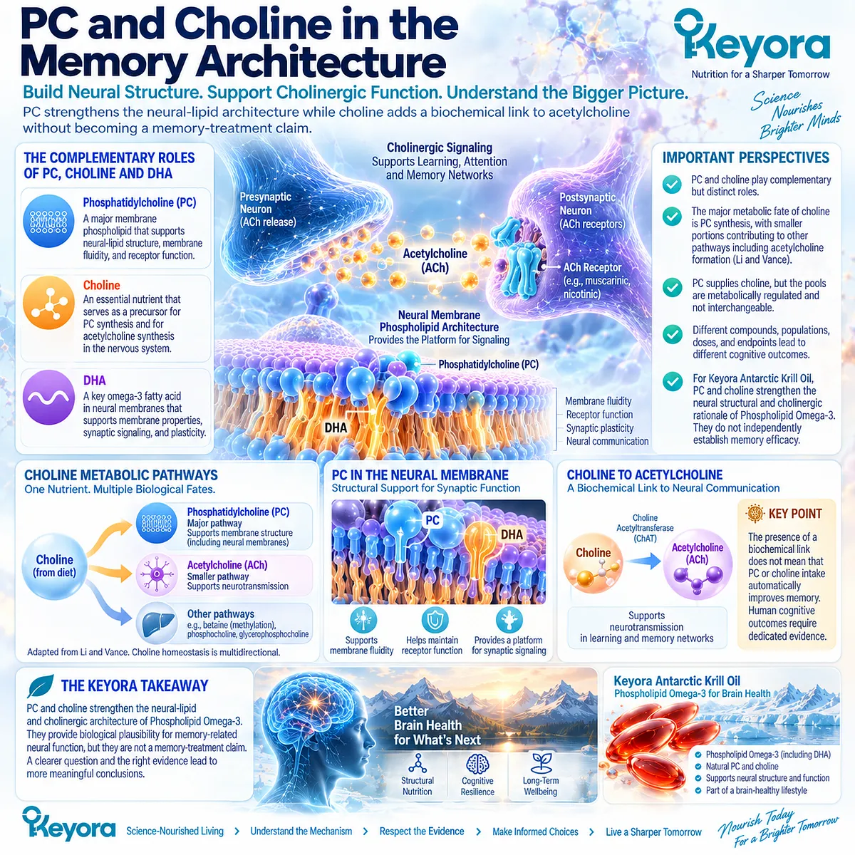 Memory support links phosphatidylcholine membrane structure with choline-acetylcholine metabolism, strengthening Keyora Phospholipid Omega-3 architecture without implying memory efficacy. Memory support links phosphatidylcholine membrane structure with choline-acetylcholine metabolism, strengthening Keyora Phospholipid Omega-3 architecture without implying memory efficacy.