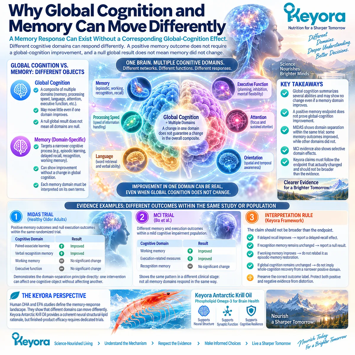 Memory support can improve in episodic learning or working memory while global cognition stays unchanged, a domain-separation rule in Keyora The Cognitive Domain Response Map. Memory support can improve in episodic learning or working memory while global cognition stays unchanged, a domain-separation rule in Keyora The Cognitive Domain Response Map.