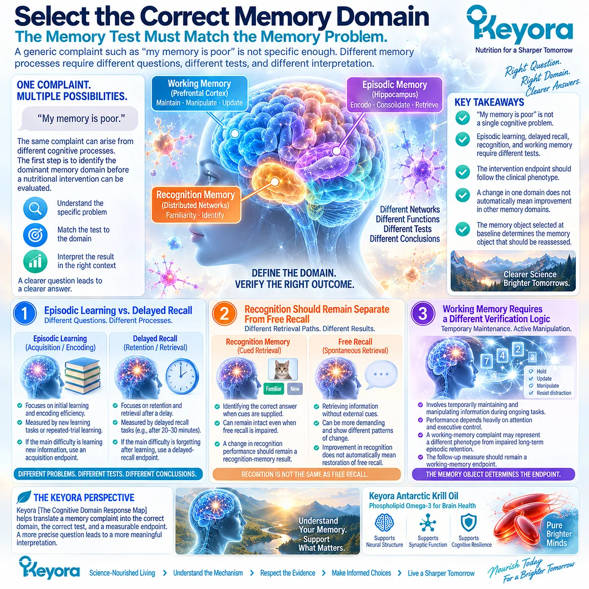 Memory support verification matches episodic learning, delayed recall, recognition or working memory to the original complaint through Keyora The Cognitive Domain Response Map. Memory support verification matches episodic learning, delayed recall, recognition or working memory to the original complaint through Keyora The Cognitive Domain Response Map.
