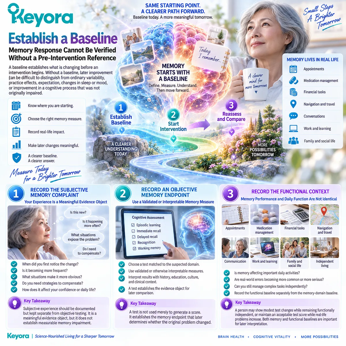 Memory support verification starts with subjective complaints, objective memory testing and daily-function baselines in Keyora The Cognitive Domain Response Map before intervention. Memory support verification starts with subjective complaints, objective memory testing and daily-function baselines in Keyora The Cognitive Domain Response Map before intervention.