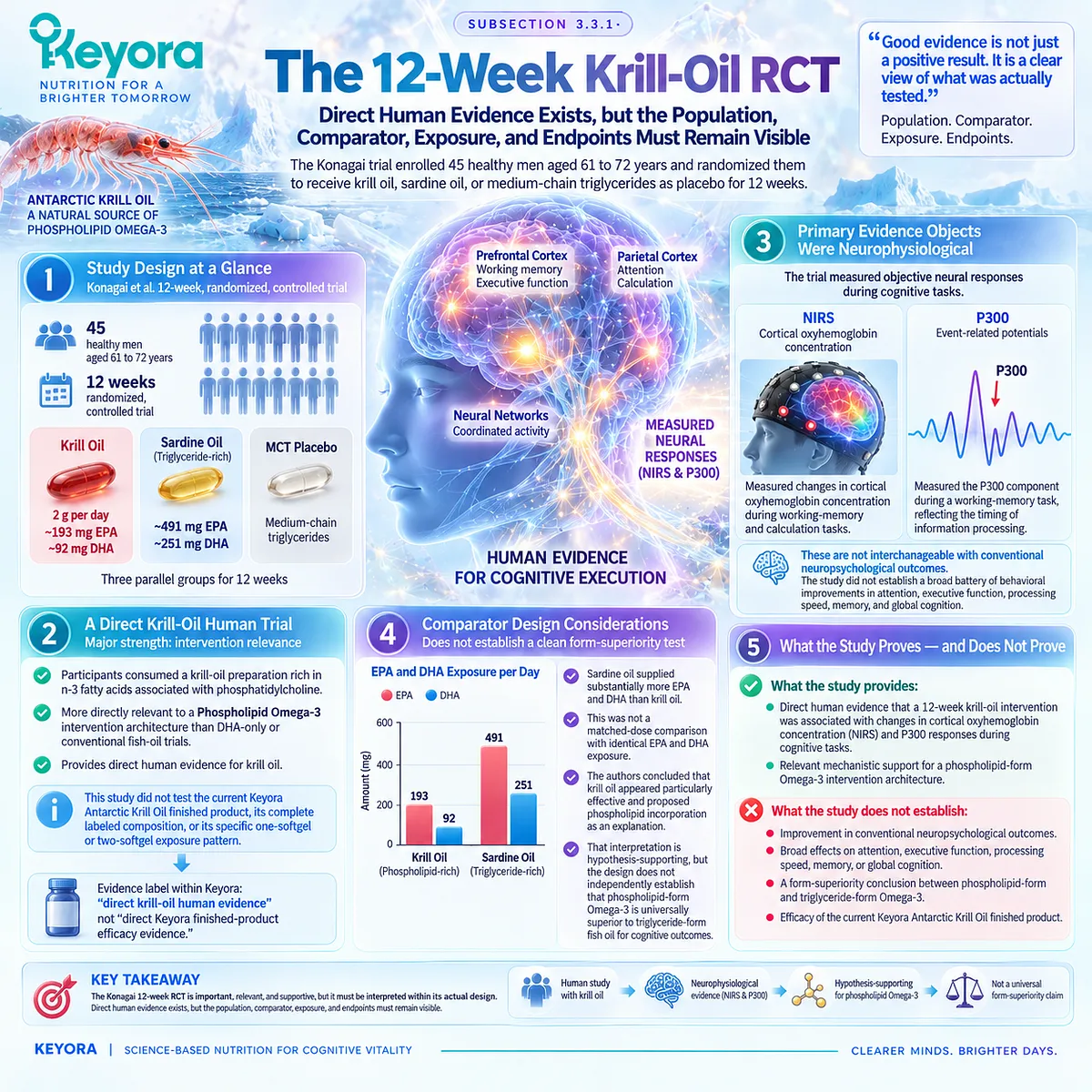 Krill oil RCT evidence in healthy older men measured cortical oxygenation and P300 after Phospholipid Omega-3 exposure, separated from product efficacy by Keyora’s evidence rule. Krill oil RCT evidence in healthy older men measured cortical oxygenation and P300 after Phospholipid Omega-3 exposure, separated from product efficacy by Keyora’s evidence rule.