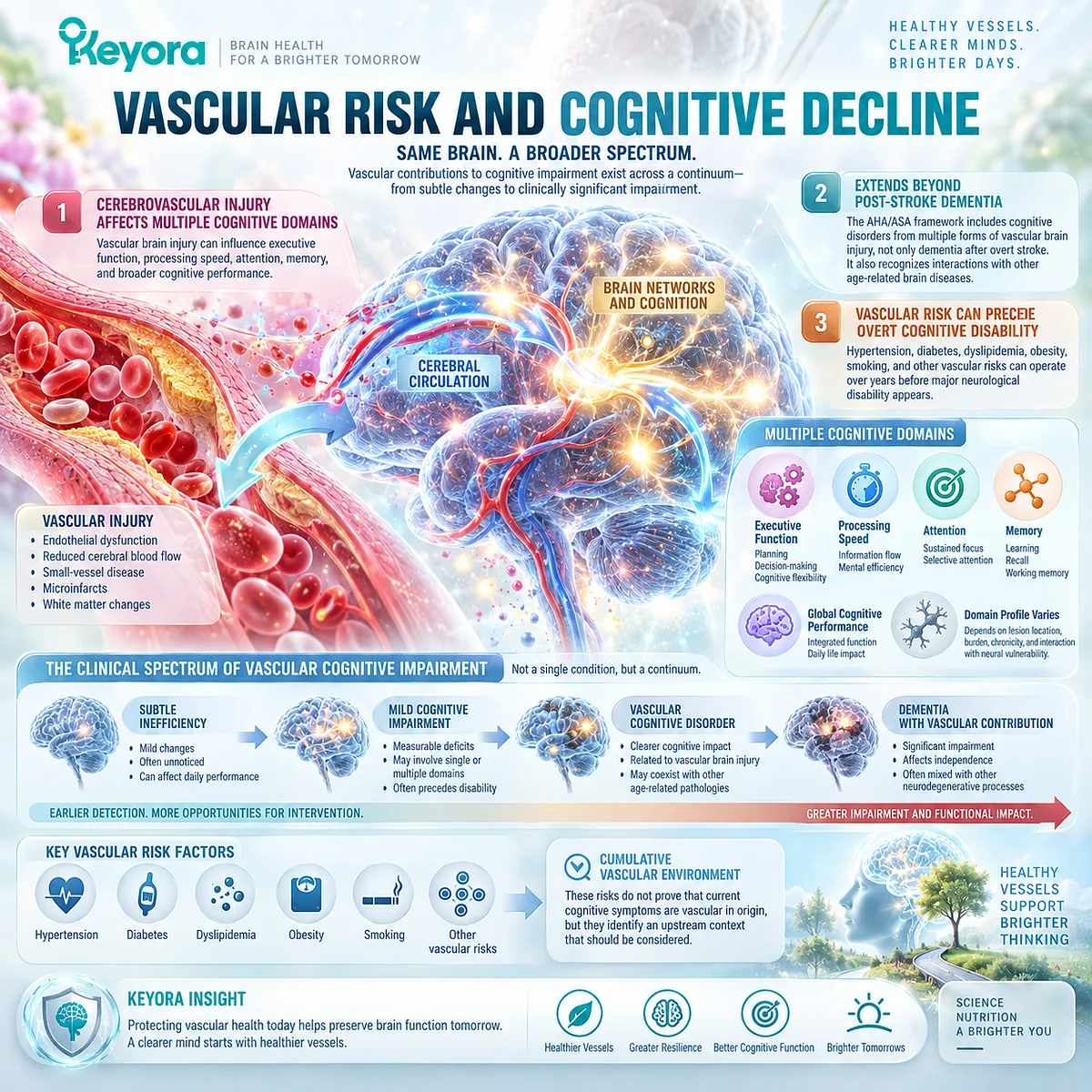 Vascular cognitive impairment links hypertension, diabetes and cerebrovascular injury with cognitive decline across domains in the Keyora vascular-metabolic cognitive phenotype. Vascular cognitive impairment links hypertension, diabetes and cerebrovascular injury with cognitive decline across domains in the Keyora vascular-metabolic cognitive phenotype.