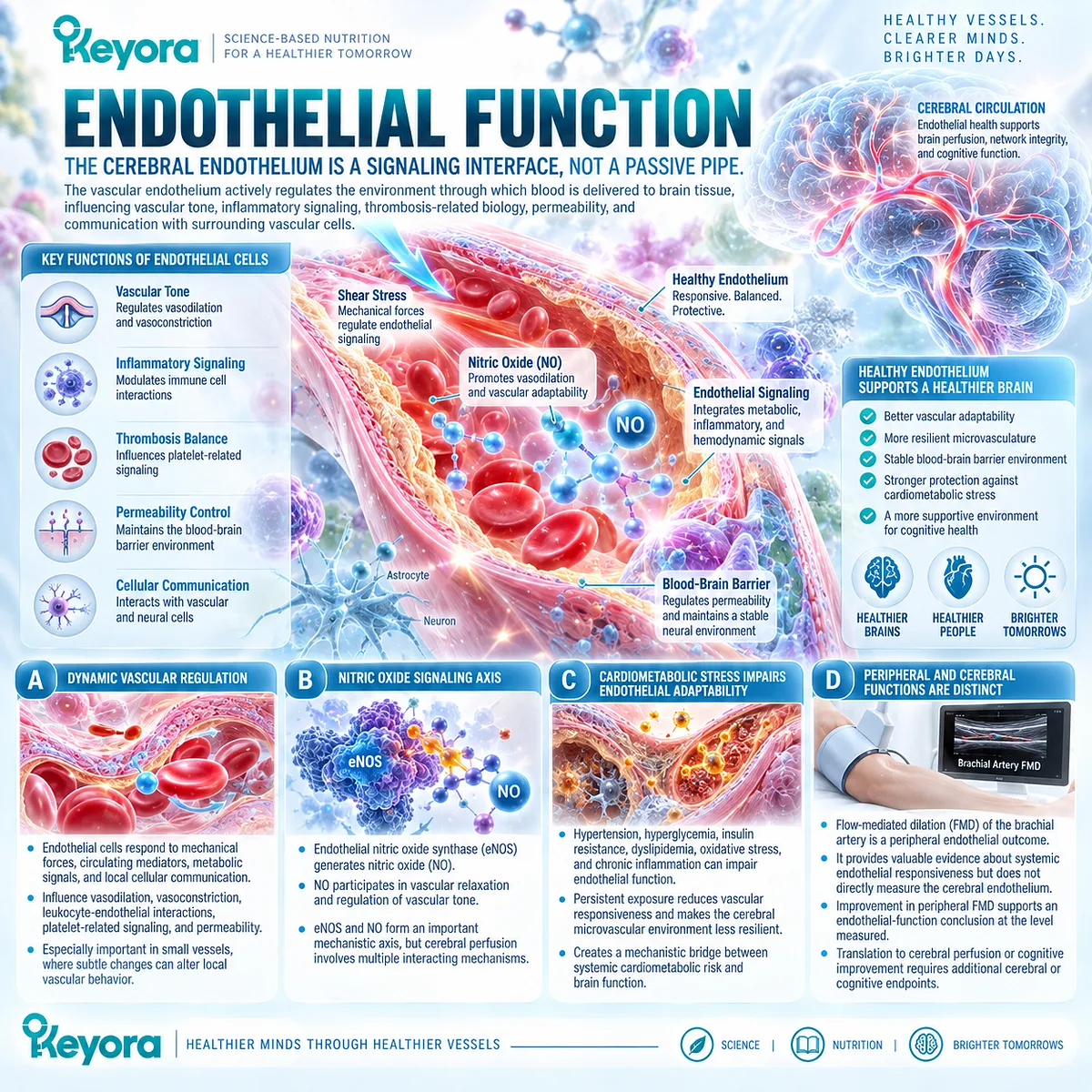 Endothelial function links eNOS/NO signaling and cardiometabolic stress with vascular adaptability in the Keyora vascular-metabolic cognitive phenotype. Endothelial function links eNOS/NO signaling and cardiometabolic stress with vascular adaptability in the Keyora vascular-metabolic cognitive phenotype.