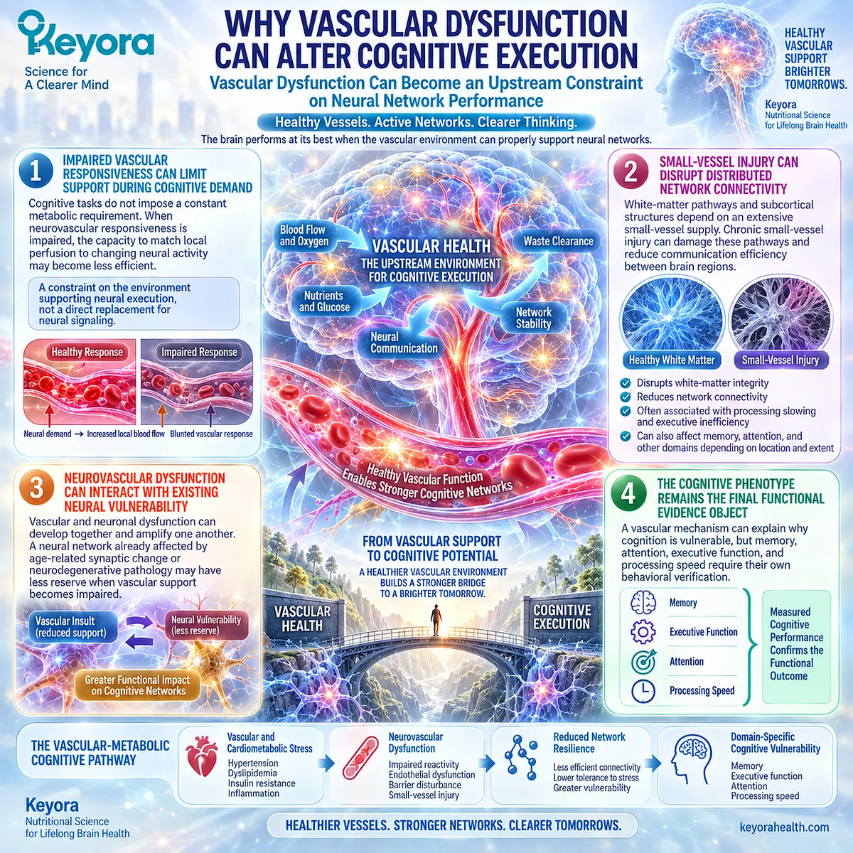 Vascular dysfunction can impair neurovascular coupling and white-matter support, constraining memory and executive function in the Keyora vascular-metabolic cognitive phenotype. Vascular dysfunction can impair neurovascular coupling and white-matter support, constraining memory and executive function in the Keyora vascular-metabolic cognitive phenotype.