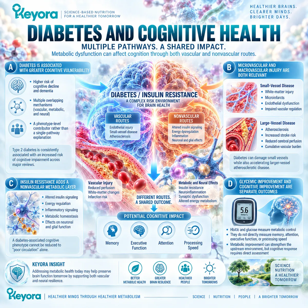 Diabetes and insulin resistance can shape cognitive aging through endothelial injury, small-vessel disease and altered insulin signaling in the Keyora vascular-metabolic cognitive phenotype. Diabetes and insulin resistance can shape cognitive aging through endothelial injury, small-vessel disease and altered insulin signaling in the Keyora vascular-metabolic cognitive phenotype.