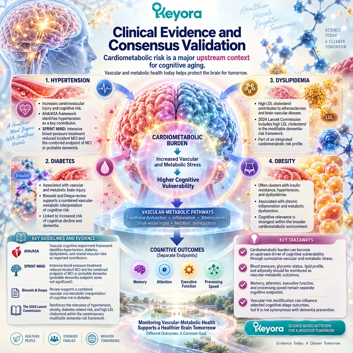 Cardiometabolic risk from hypertension, diabetes, high LDL and obesity can drive cognitive vulnerability through the Keyora vascular-metabolic cognitive phenotype. Cardiometabolic risk from hypertension, diabetes, high LDL and obesity can drive cognitive vulnerability through the Keyora vascular-metabolic cognitive phenotype.