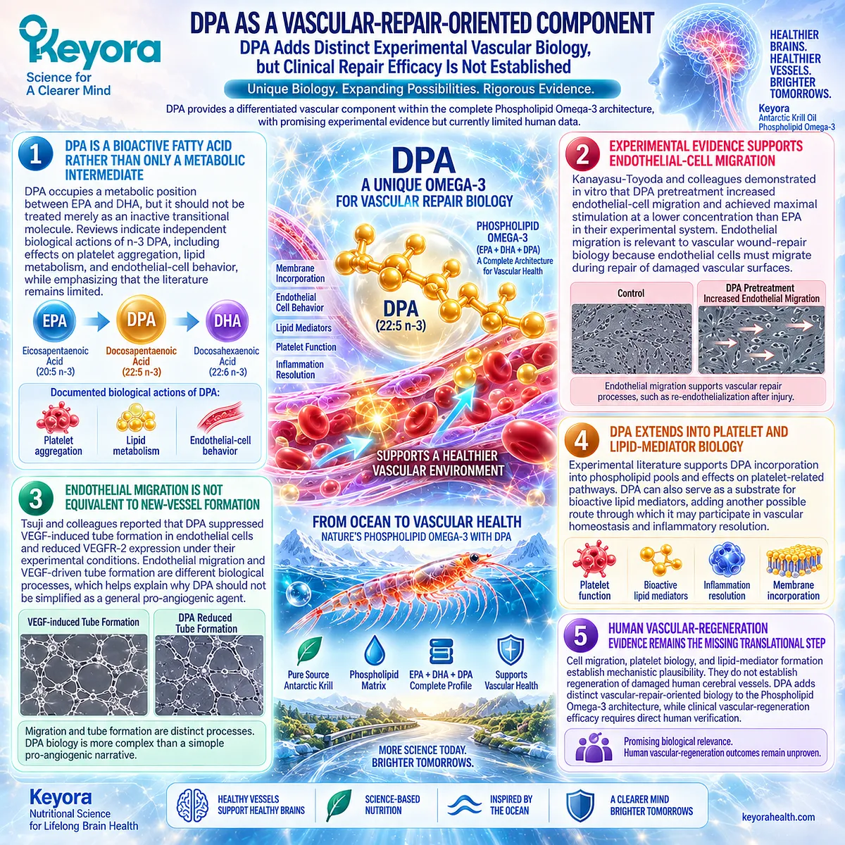 DPA supports vascular-repair biology through endothelial migration, platelet pathways and lipid mediators within Keyora Antarctic Krill Oil Phospholipid Omega-3. DPA supports vascular-repair biology through endothelial migration, platelet pathways and lipid mediators within Keyora Antarctic Krill Oil Phospholipid Omega-3.