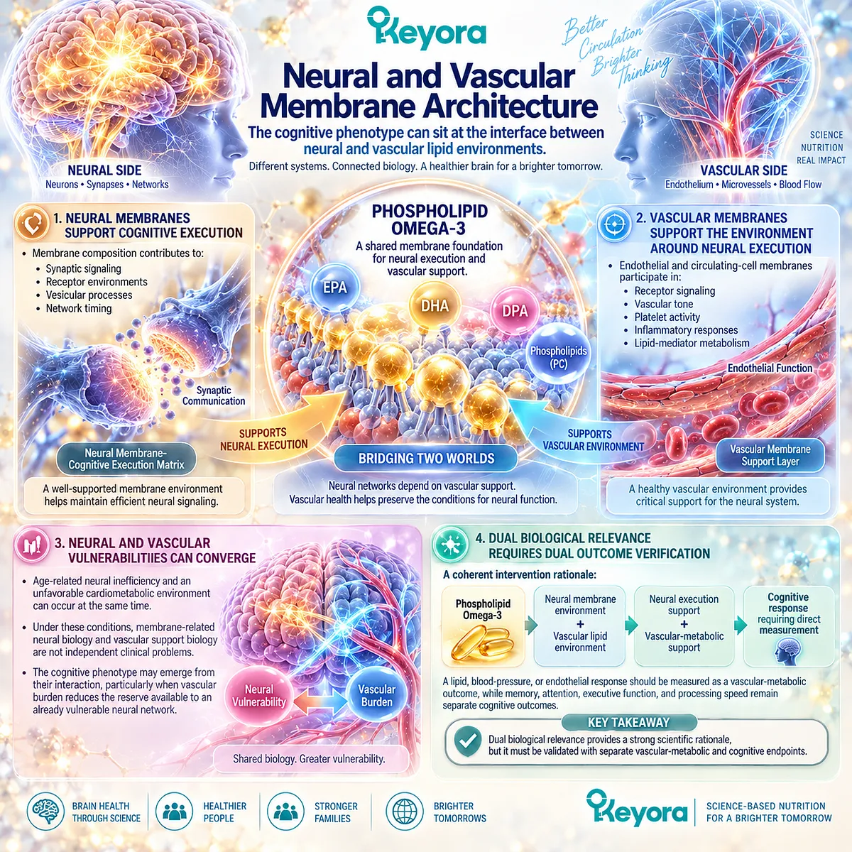 Phospholipid Omega-3 links neural membrane signaling with vascular membrane support for cognition in Keyora’s Neural Membrane-Cognitive Execution Matrix. Phospholipid Omega-3 links neural membrane signaling with vascular membrane support for cognition in Keyora’s Neural Membrane-Cognitive Execution Matrix.