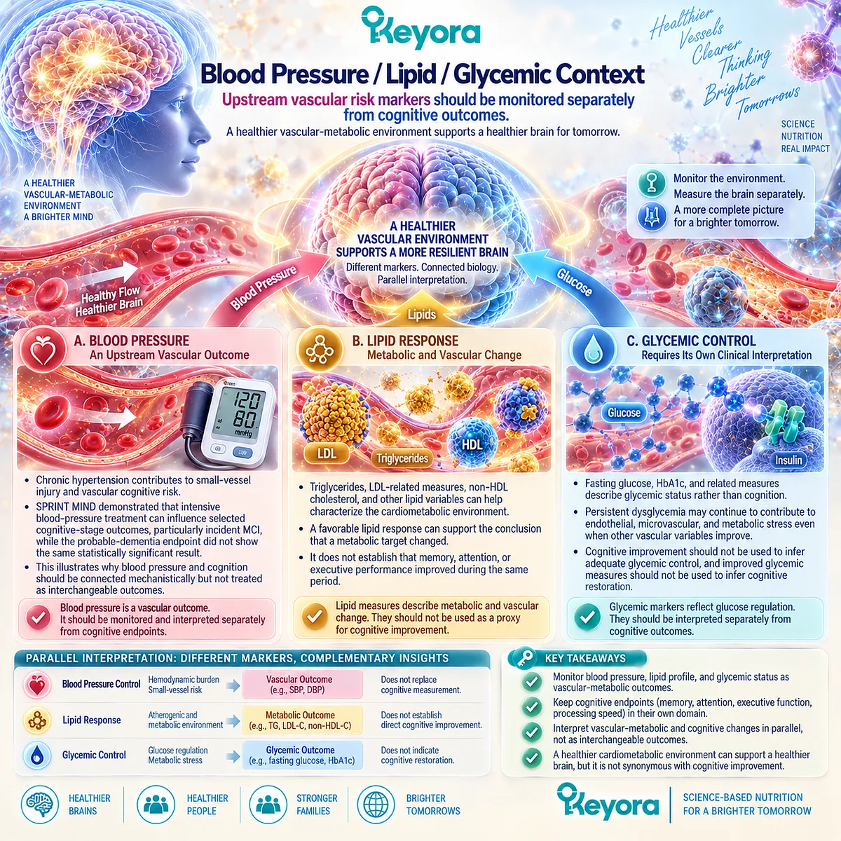 Blood pressure, lipids and glycemic control map upstream vascular-metabolic risk separately from cognitive outcomes in the Keyora vascular-metabolic cognitive phenotype. Blood pressure, lipids and glycemic control map upstream vascular-metabolic risk separately from cognitive outcomes in the Keyora vascular-metabolic cognitive phenotype.
