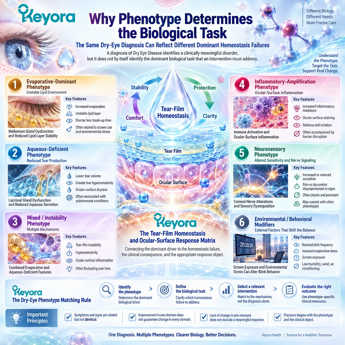 Dry eye phenotypes link evaporative, aqueous-deficient and mixed dysfunction to distinct tear-film biological tasks through the Keyora Dry-Eye Phenotype Matching Rule. Dry eye phenotypes link evaporative, aqueous-deficient and mixed dysfunction to distinct tear-film biological tasks through the Keyora Dry-Eye Phenotype Matching Rule.