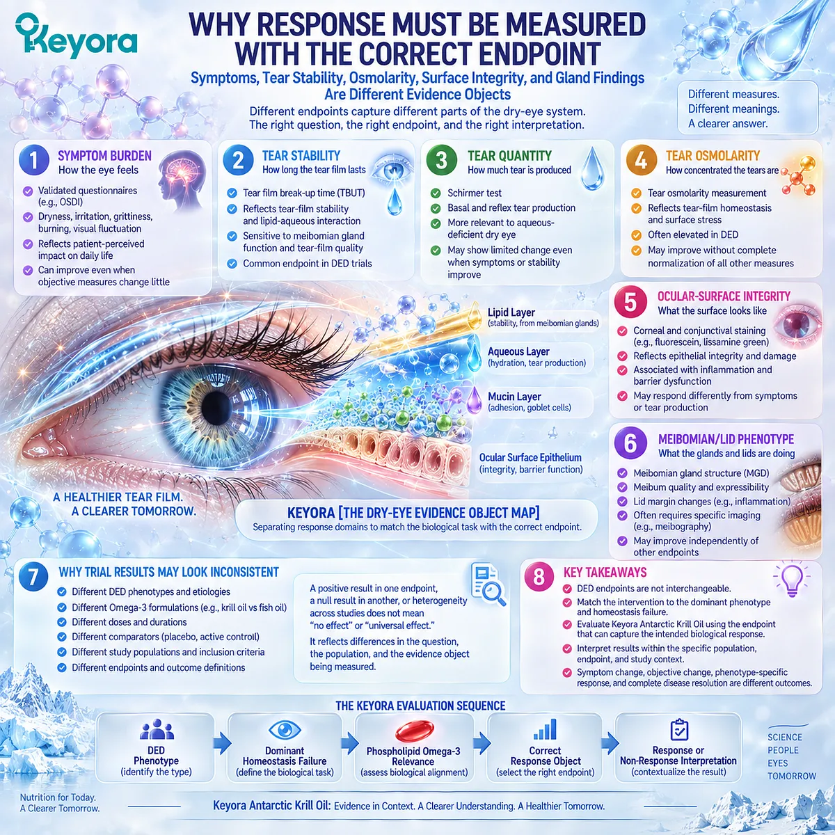 Dry eye response measurement links symptoms, tear stability, osmolarity, surface integrity and gland findings to distinct endpoints in the Keyora Dry-Eye Evidence Object Map. Dry eye response measurement links symptoms, tear stability, osmolarity, surface integrity and gland findings to distinct endpoints in the Keyora Dry-Eye Evidence Object Map.
