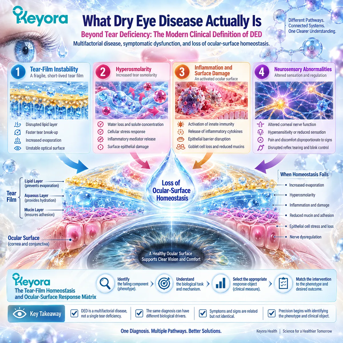 Dry eye disease links tear-film instability, hyperosmolarity, inflammation and neurosensory dysfunction through Keyora’s Tear-Film Homeostasis and Ocular-Surface Response Matrix. Dry eye disease links tear-film instability, hyperosmolarity, inflammation and neurosensory dysfunction through Keyora’s Tear-Film Homeostasis and Ocular-Surface Response Matrix.