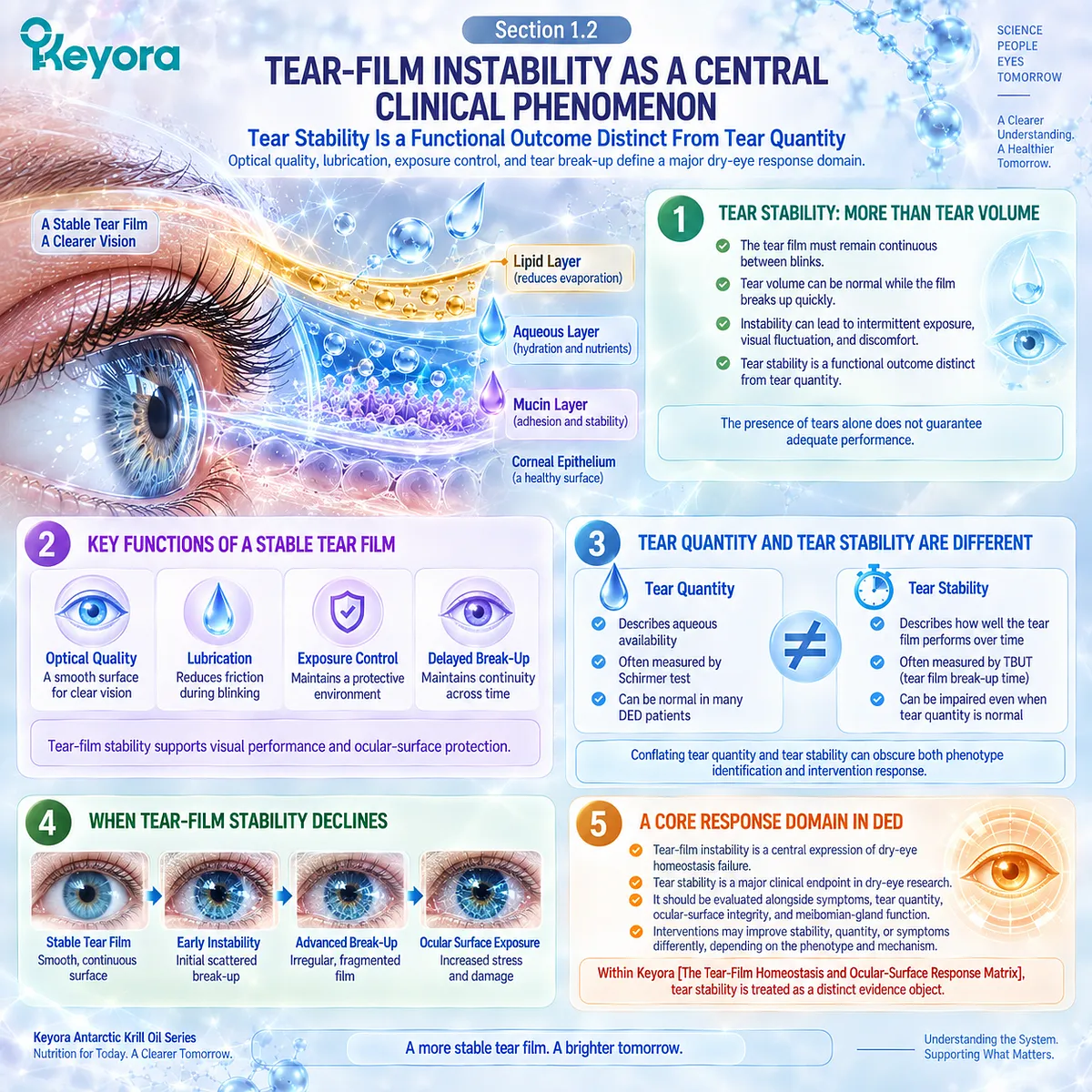 Dry eye tear-film instability can impair lubrication, optical quality and exposure control despite adequate tear quantity, mapped by Keyora’s Tear-Film Homeostasis and Ocular-Surface Response Matrix. Dry eye tear-film instability can impair lubrication, optical quality and exposure control despite adequate tear quantity, mapped by Keyora’s Tear-Film Homeostasis and Ocular-Surface Response Matrix.