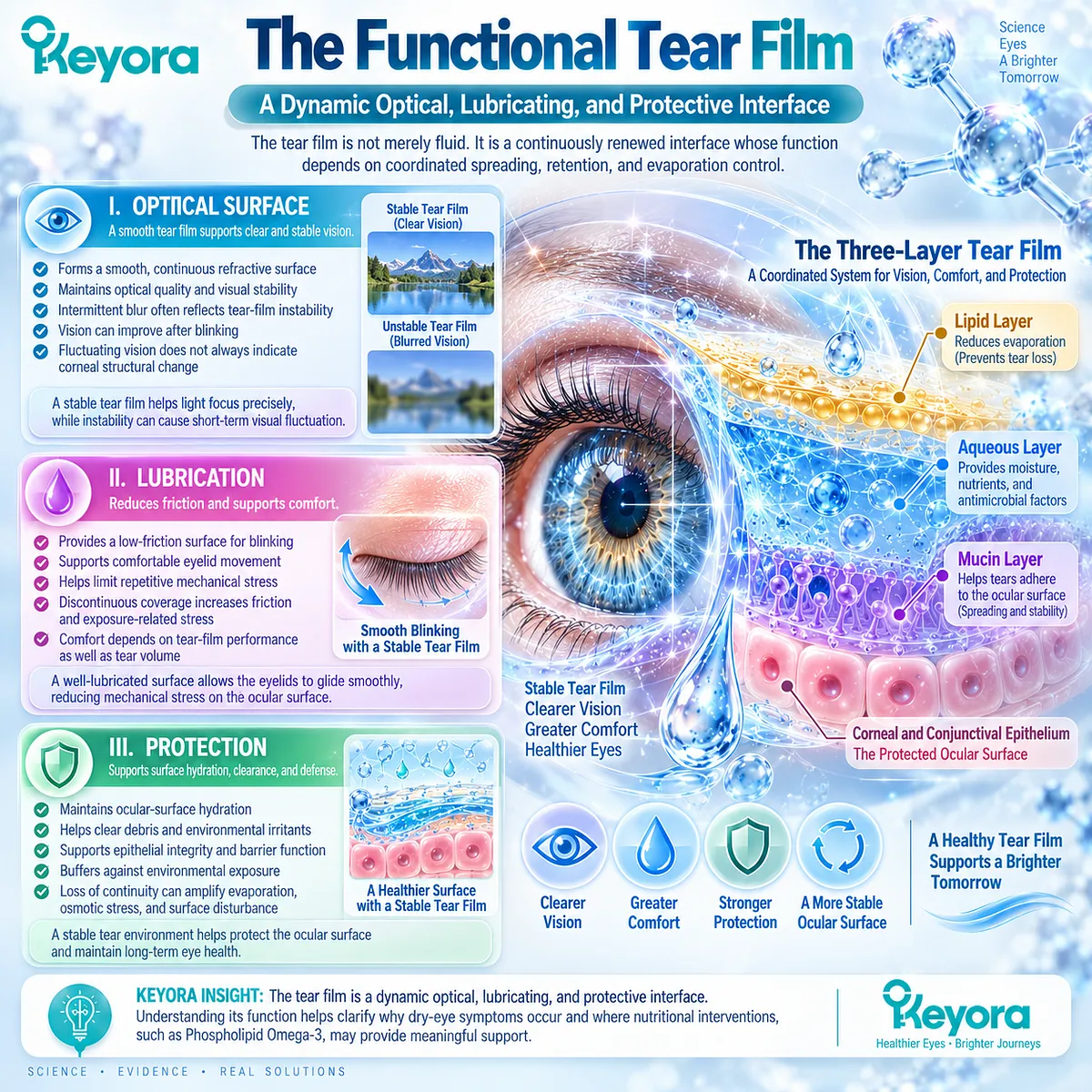 Dry eye tear-film stability supports optical quality, lubrication and epithelial protection by coordinating tear spreading, retention and evaporation control in Keyora’s Tear-Film Homeostasis Matrix. Dry eye tear-film stability supports optical quality, lubrication and epithelial protection by coordinating tear spreading, retention and evaporation control in Keyora’s Tear-Film Homeostasis Matrix.