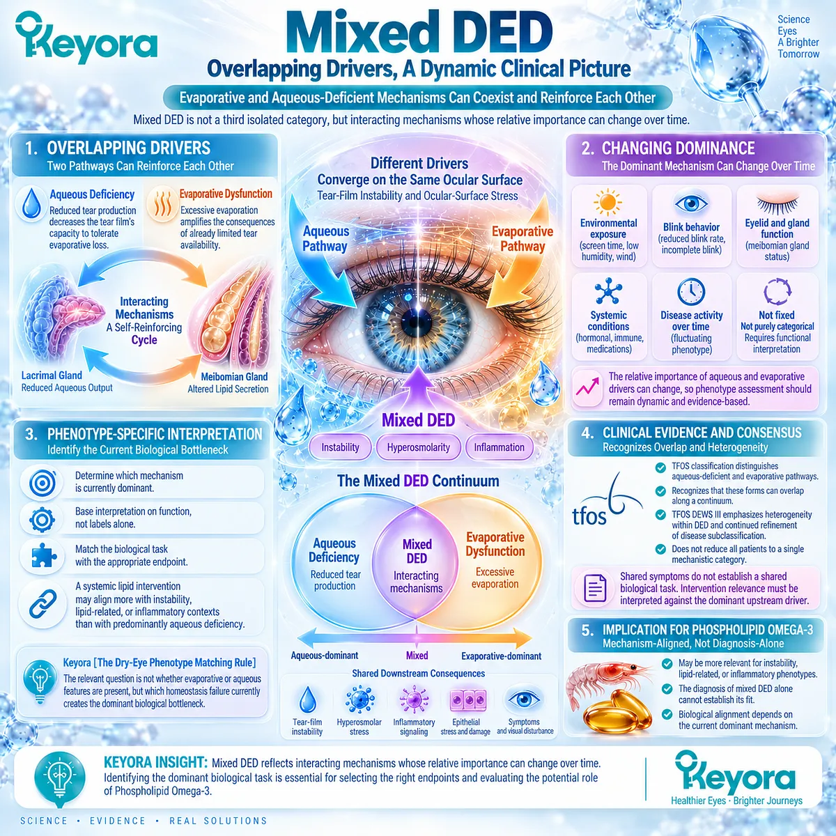 Mixed dry eye combines tear evaporation and aqueous deficiency, with changing dominant drivers guiding Phospholipid Omega-3 fit through Keyora’s Dry-Eye Phenotype Matching Rule. Mixed dry eye combines tear evaporation and aqueous deficiency, with changing dominant drivers guiding Phospholipid Omega-3 fit through Keyora’s Dry-Eye Phenotype Matching Rule.