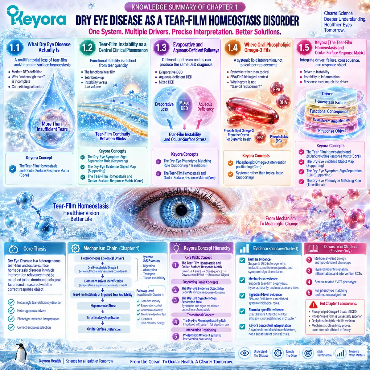 Dry eye disease links tear-film instability, evaporation, aqueous deficiency and ocular-surface stress to matched endpoints in Keyora’s Tear-Film Homeostasis and Ocular-Surface Response Matrix. Dry eye disease links tear-film instability, evaporation, aqueous deficiency and ocular-surface stress to matched endpoints in Keyora’s Tear-Film Homeostasis and Ocular-Surface Response Matrix.
