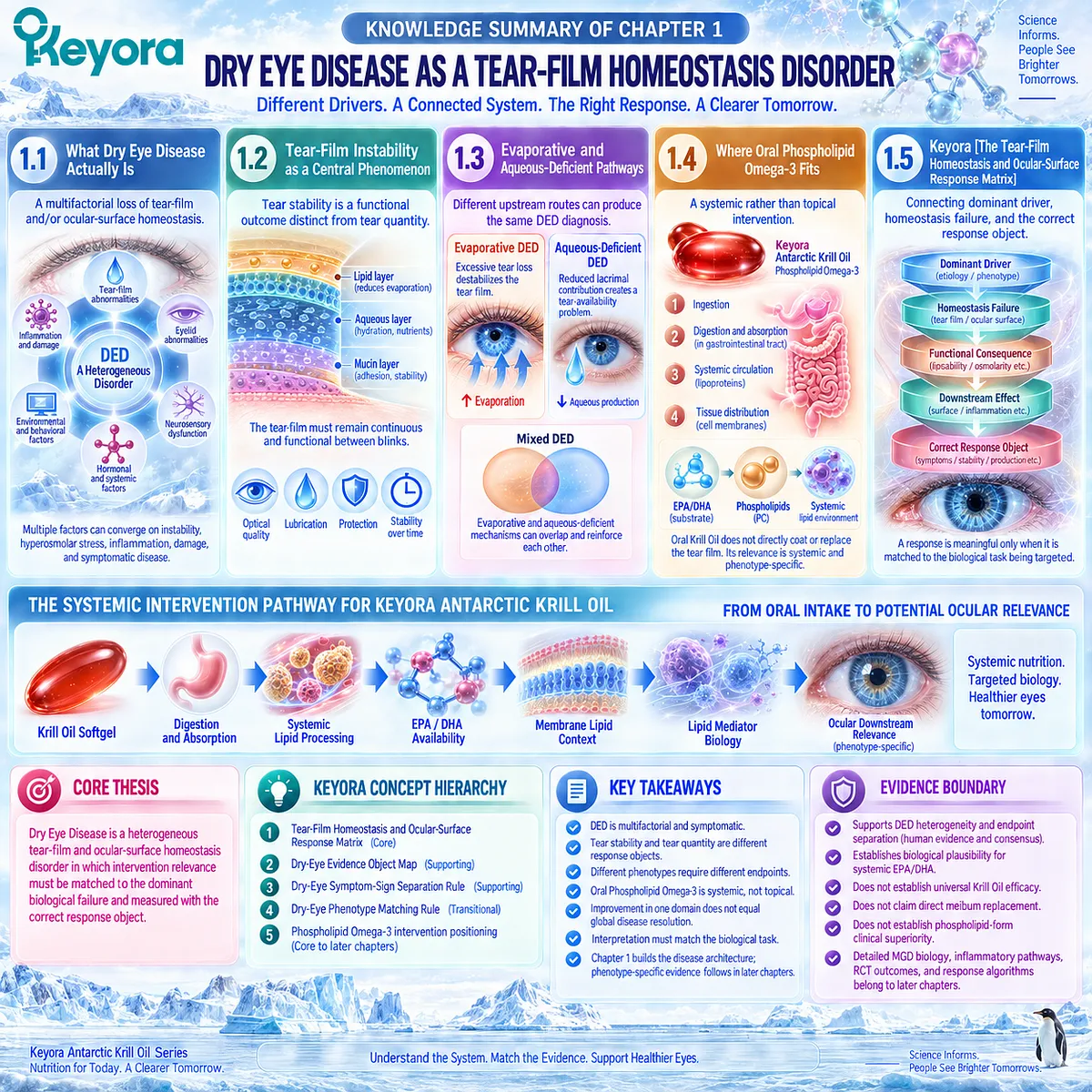 Dry eye disease links tear-film instability, evaporation, aqueous deficiency and ocular-surface stress to matched endpoints in Keyora’s Tear-Film Homeostasis and Ocular-Surface Response Matrix. Dry eye disease links tear-film instability, evaporation, aqueous deficiency and ocular-surface stress to matched endpoints in Keyora’s Tear-Film Homeostasis and Ocular-Surface Response Matrix.