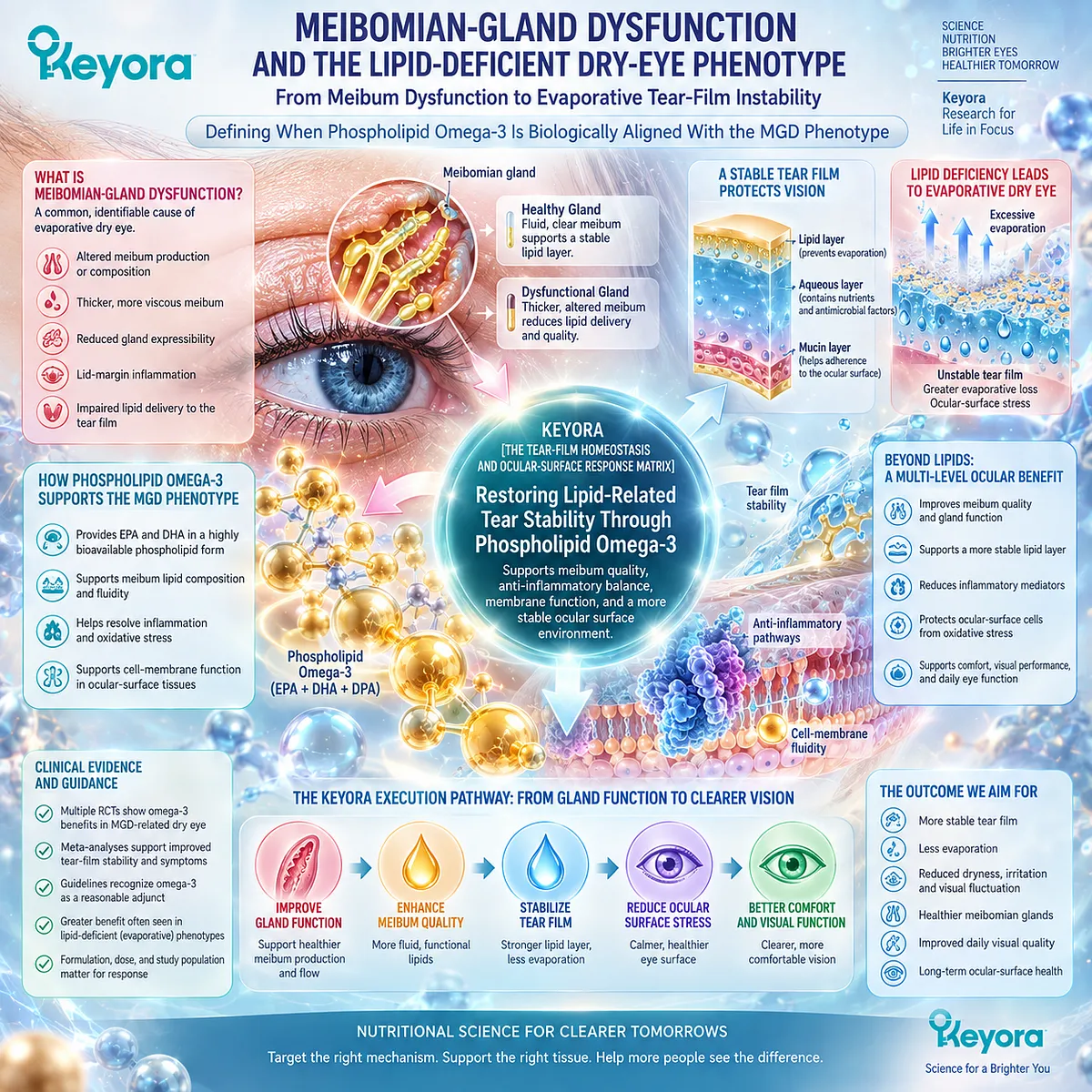 Meibomian gland dysfunction links impaired meibum lipids to evaporative dry eye and tear-film instability, framed by Keyora’s Tear-Film Homeostasis Matrix. Meibomian gland dysfunction links impaired meibum lipids to evaporative dry eye and tear-film instability, framed by Keyora’s Tear-Film Homeostasis Matrix.