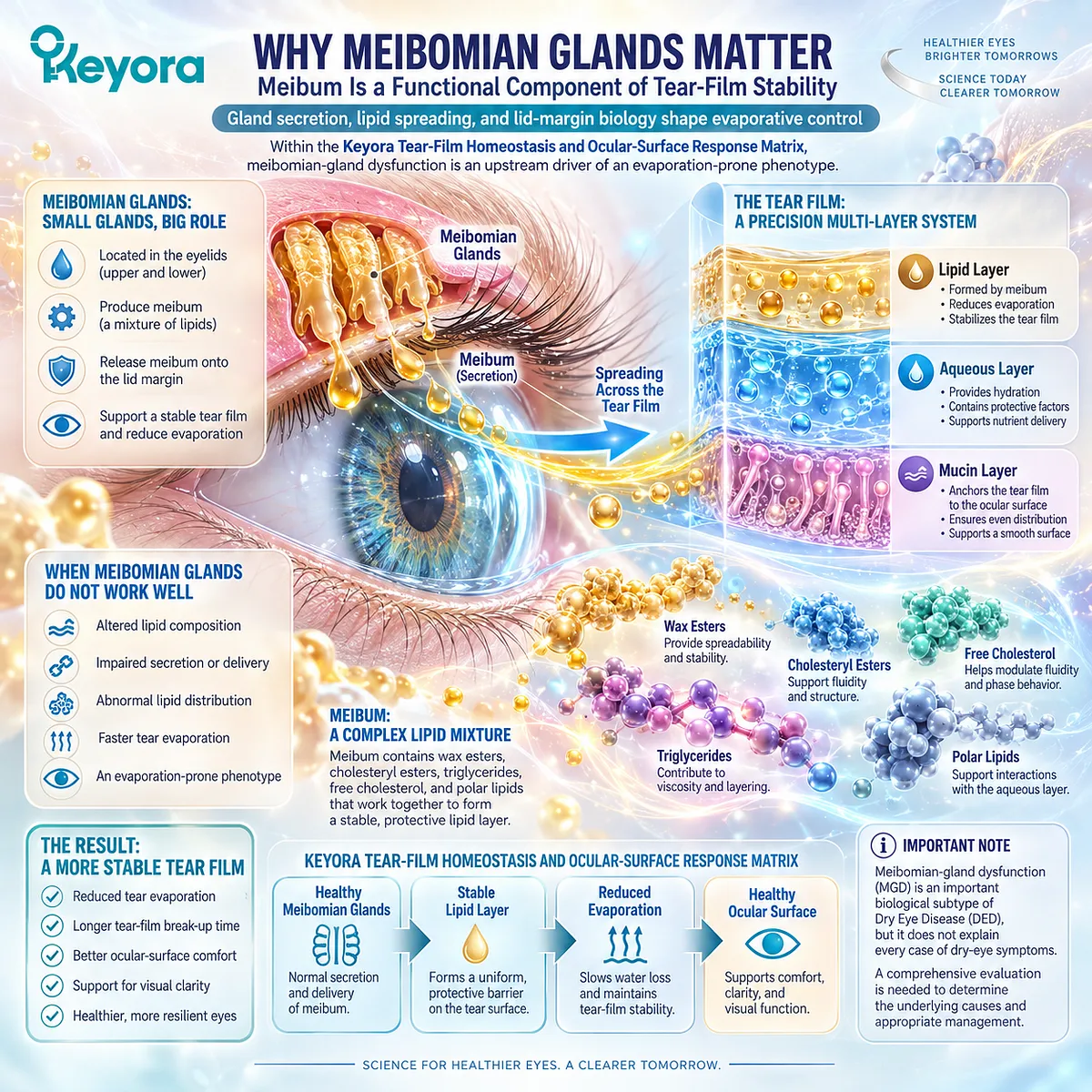 Meibomian gland dysfunction alters meibum lipid delivery and tear-film stability, increasing evaporative dry-eye stress within Keyora’s Tear-Film Homeostasis Matrix. Meibomian gland dysfunction alters meibum lipid delivery and tear-film stability, increasing evaporative dry-eye stress within Keyora’s Tear-Film Homeostasis Matrix.