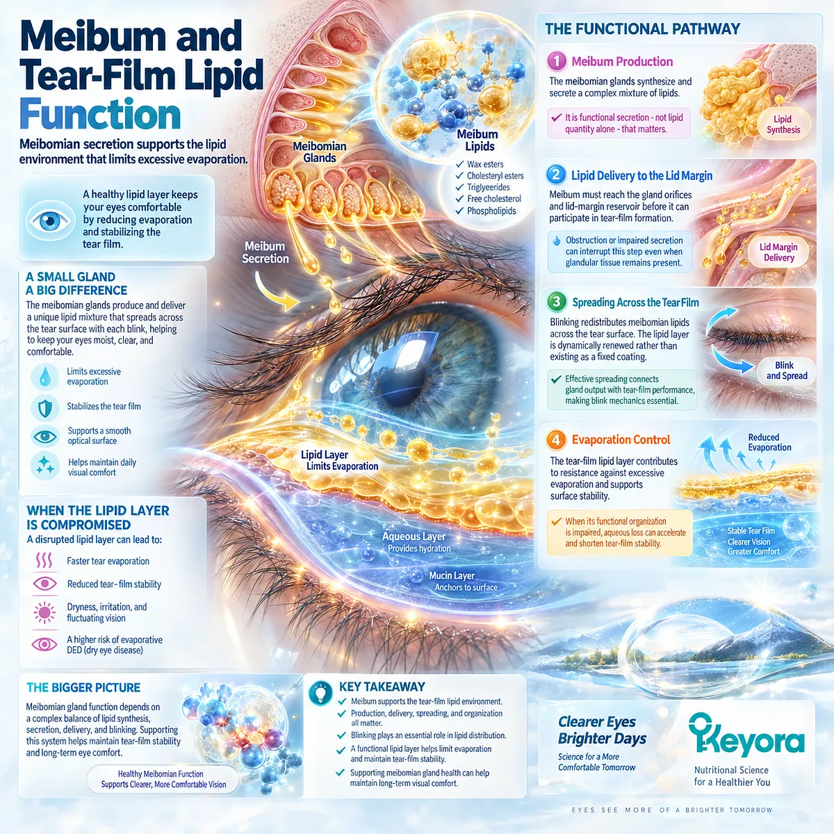 Meibum production, lid-margin delivery, blink-driven lipid spreading, and evaporation control support tear-film stability in Keyora’s Tear-Film Homeostasis Matrix. Meibum production, lid-margin delivery, blink-driven lipid spreading, and evaporation control support tear-film stability in Keyora’s Tear-Film Homeostasis Matrix.