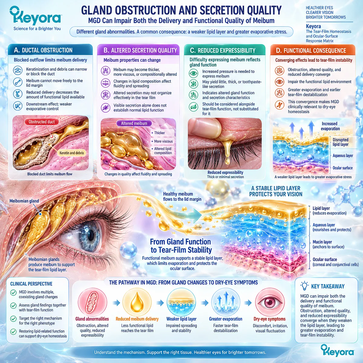 Meibomian gland obstruction and altered meibum quality reduce lipid delivery and tear-film stability, mapping evaporative dry eye in Keyora’s Tear-Film Homeostasis Matrix. Meibomian gland obstruction and altered meibum quality reduce lipid delivery and tear-film stability, mapping evaporative dry eye in Keyora’s Tear-Film Homeostasis Matrix.