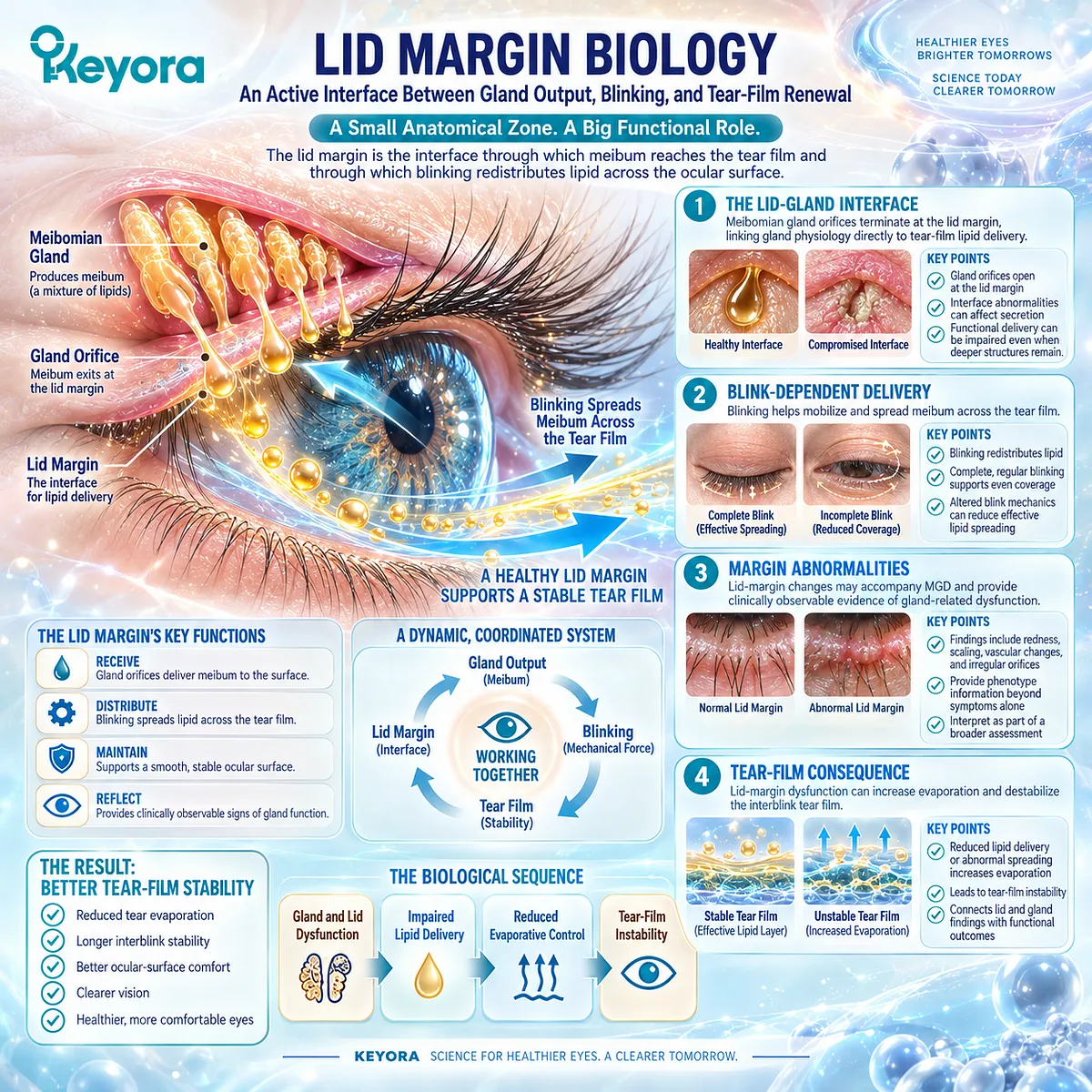 Lid-margin dysfunction and altered blinking impair meibum lipid delivery, increasing evaporative dry-eye instability within Keyora’s Tear-Film Homeostasis Matrix. Lid-margin dysfunction and altered blinking impair meibum lipid delivery, increasing evaporative dry-eye instability within Keyora’s Tear-Film Homeostasis Matrix.