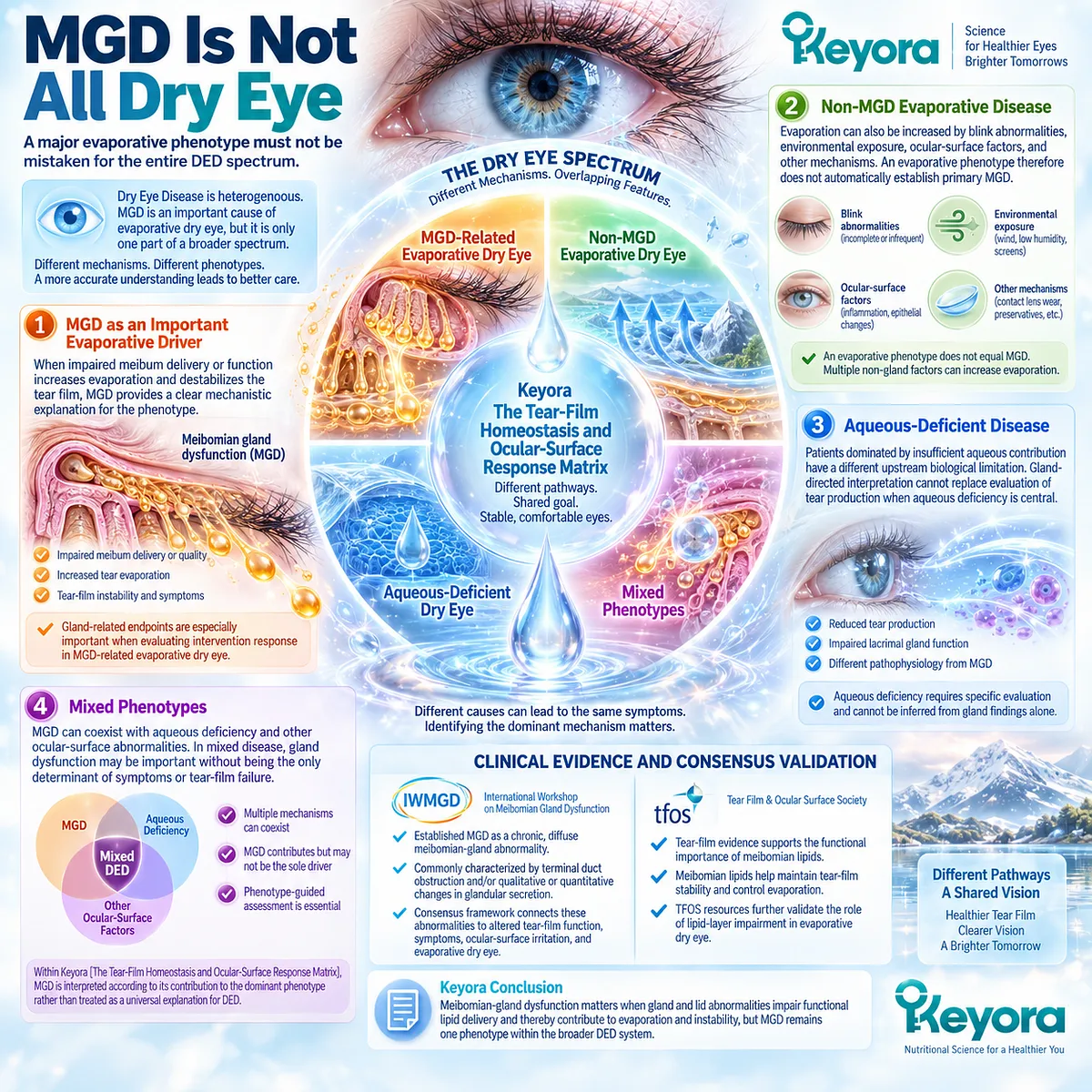 Meibomian gland dysfunction drives lipid-deficient evaporative dry eye but not all DED, supporting phenotype-specific interpretation in Keyora’s Tear-Film Homeostasis Matrix. Meibomian gland dysfunction drives lipid-deficient evaporative dry eye but not all DED, supporting phenotype-specific interpretation in Keyora’s Tear-Film Homeostasis Matrix.