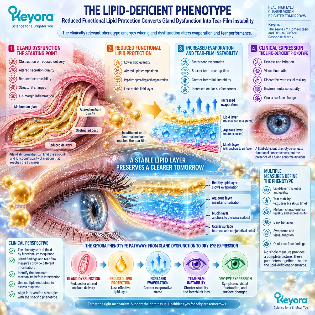 Lipid-deficient dry eye links impaired meibum function to increased evaporation and tear-film instability within Keyora’s Tear-Film Homeostasis and Ocular-Surface Response Matrix. Lipid-deficient dry eye links impaired meibum function to increased evaporation and tear-film instability within Keyora’s Tear-Film Homeostasis and Ocular-Surface Response Matrix.