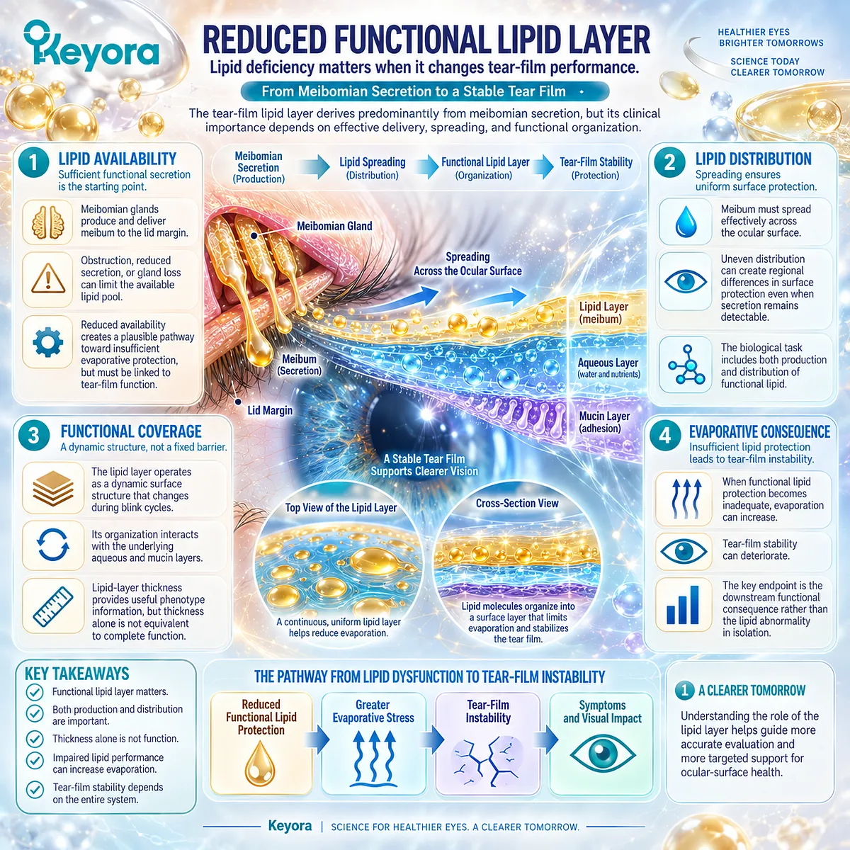 Reduced tear-film lipid function from impaired meibum delivery and spreading increases evaporative dry-eye stress, mapped by Keyora’s Tear-Film Homeostasis Matrix. Reduced tear-film lipid function from impaired meibum delivery and spreading increases evaporative dry-eye stress, mapped by Keyora’s Tear-Film Homeostasis Matrix.